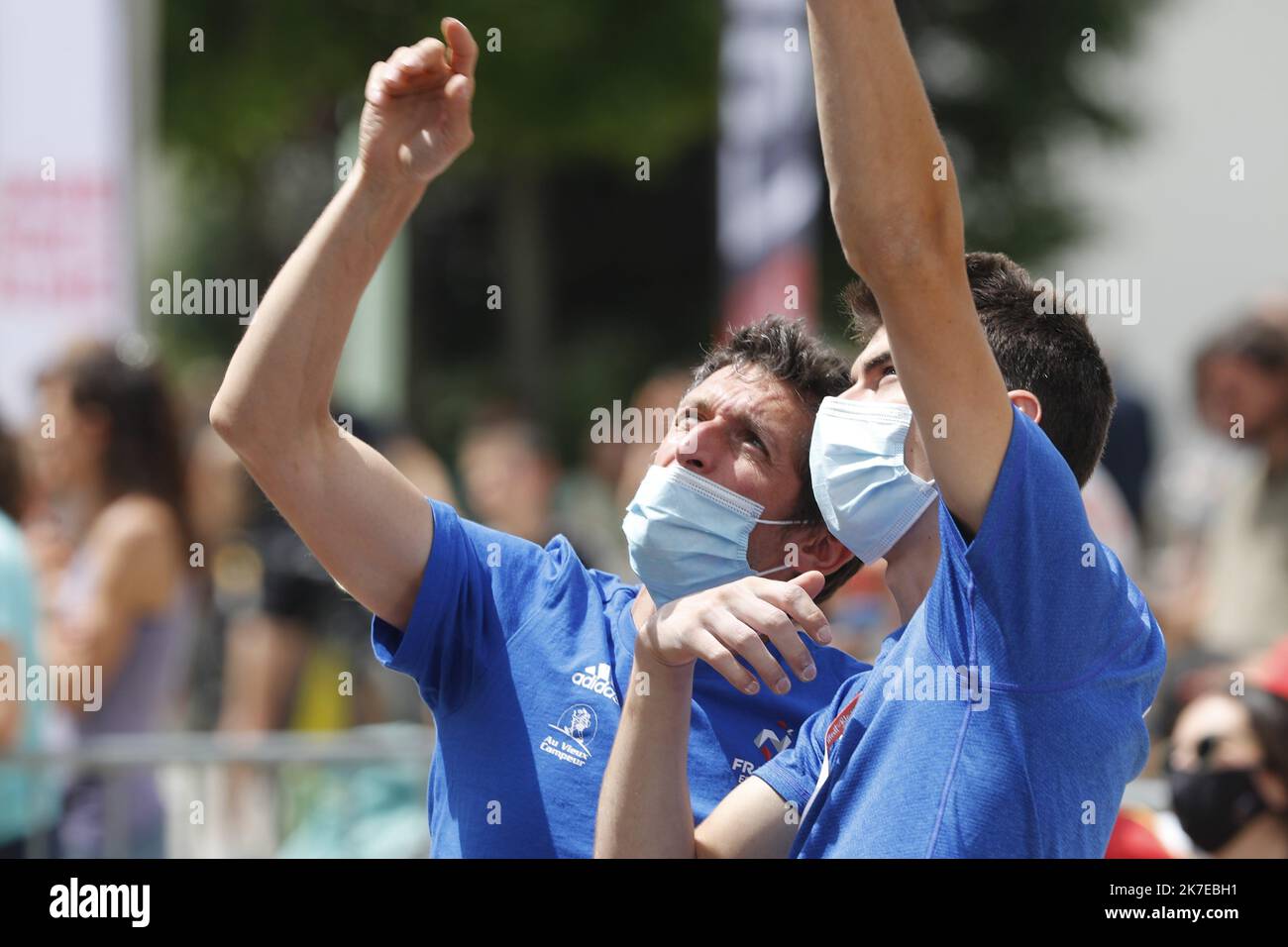 ©PHOTOPQR/LE DAUPHINE/Grégory YETCHMENIZA ; Chamonix-Mont-Blanc ; 12/07/2021 ; Grégory YETCHMENIZA / LE DAUPHINE LIBERE / Photopqr CHAMONIX-MONT-BLANC (HAUTE-SAVOIE) le 12 juillet 2021 Coupe du monde d'escalade à Chamonix Frauen führen Qualifikation sur chamanges klettern Foto : Romain Desgronix am 12. Juli 2021 Stockfoto