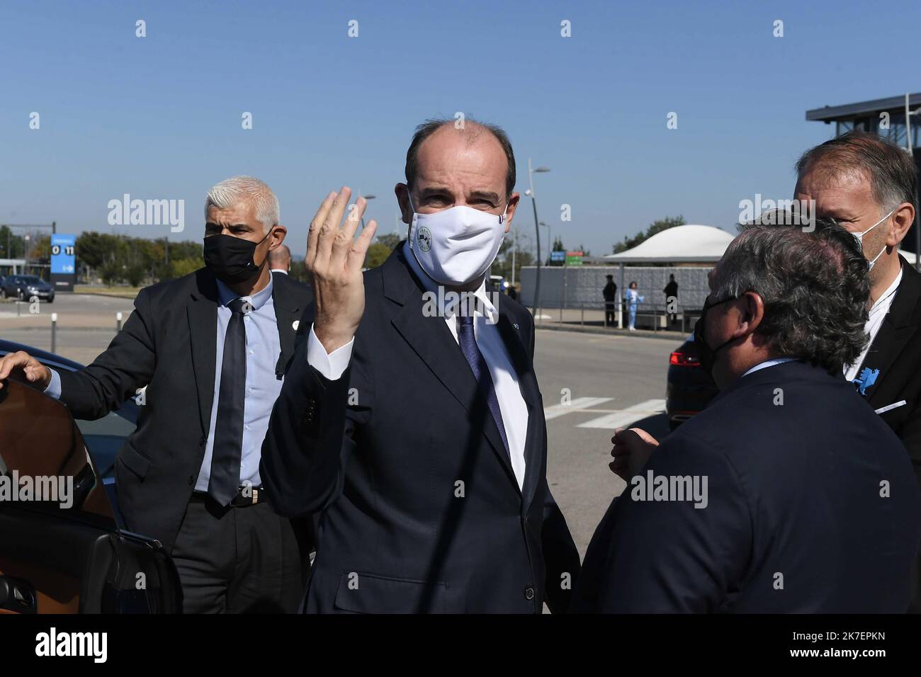 ©PHOTOPQR/LE PROGRES/Joël PHILIPPON - Chassieu 06/09/2021 - Jean Castex au Salon Global Industrie 2021. 6 septembre 2021 -Jean Castex au Salon Global Industrie 2021 en présence de Olivier Ginon PDG de GL Veranstaltungen, Bruno Bernard pdt Métropole, Laurent Wauquiez pdt Région Auvergne Rhone-Alpes et Agnès Pannier-Runacher, secrétaire d'État auprès du Ministre de l'Économie et des Finances - 2021/09/06. Der Französische Premierminister Jean Castex. Stockfoto