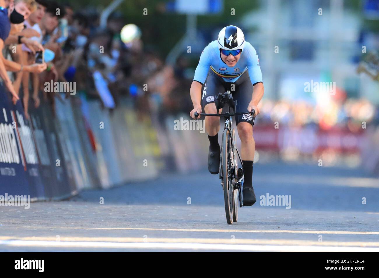 ©Pierre Teyssot/MAXPPP ; 2021 UEC Road Cycling European Championships. Trient, Italien am 9. September 2021. Männer Elite Individual Time Trial, Remco Evenepoel (Belgien). â© Pierre Teyssot/Maxppp Stockfoto