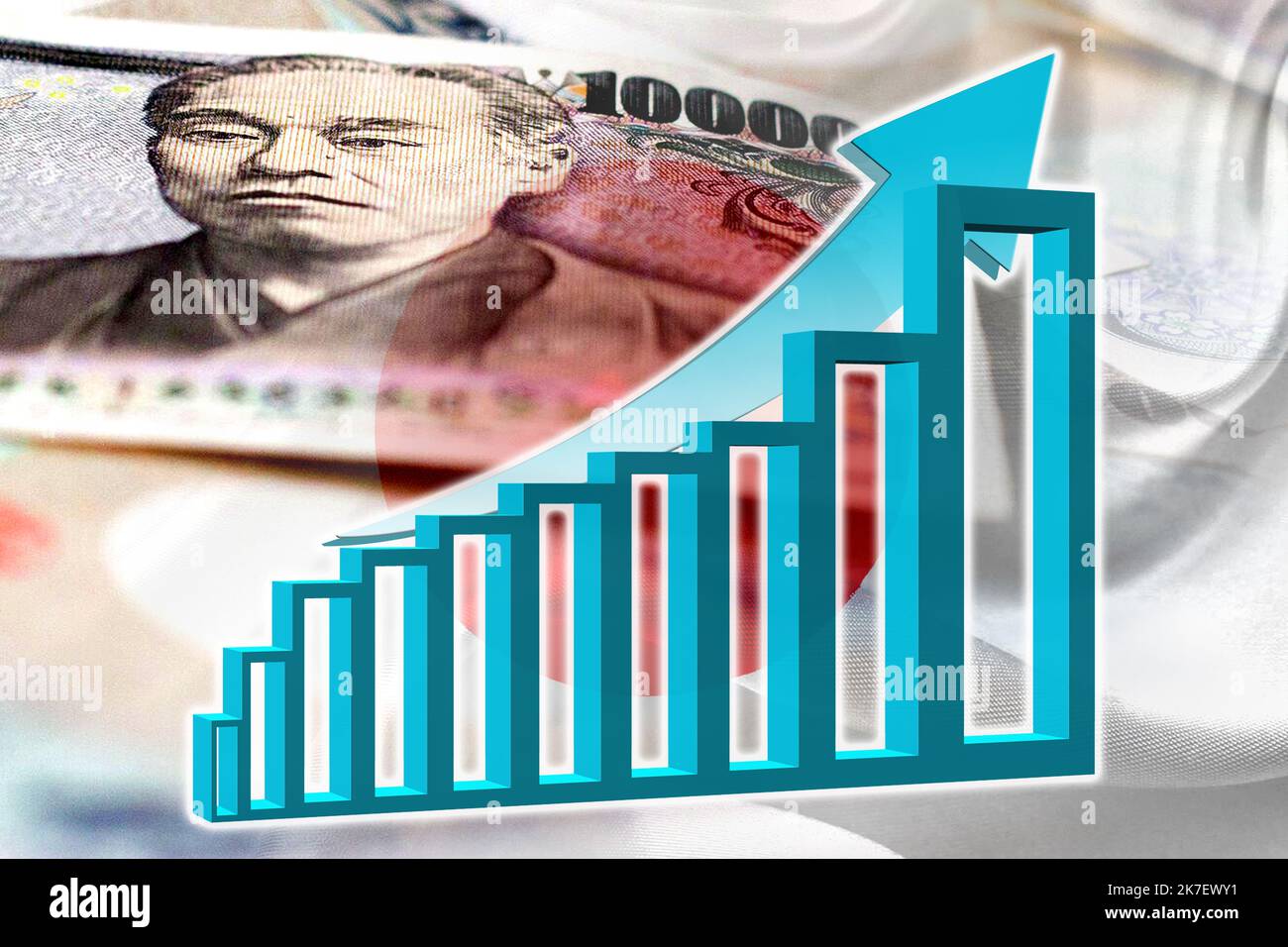 Wirtschaftsdiagramm: Steigender Pfeil, Japan-Flagge und Bargeld, japanische Yen-Banknoten Stockfoto