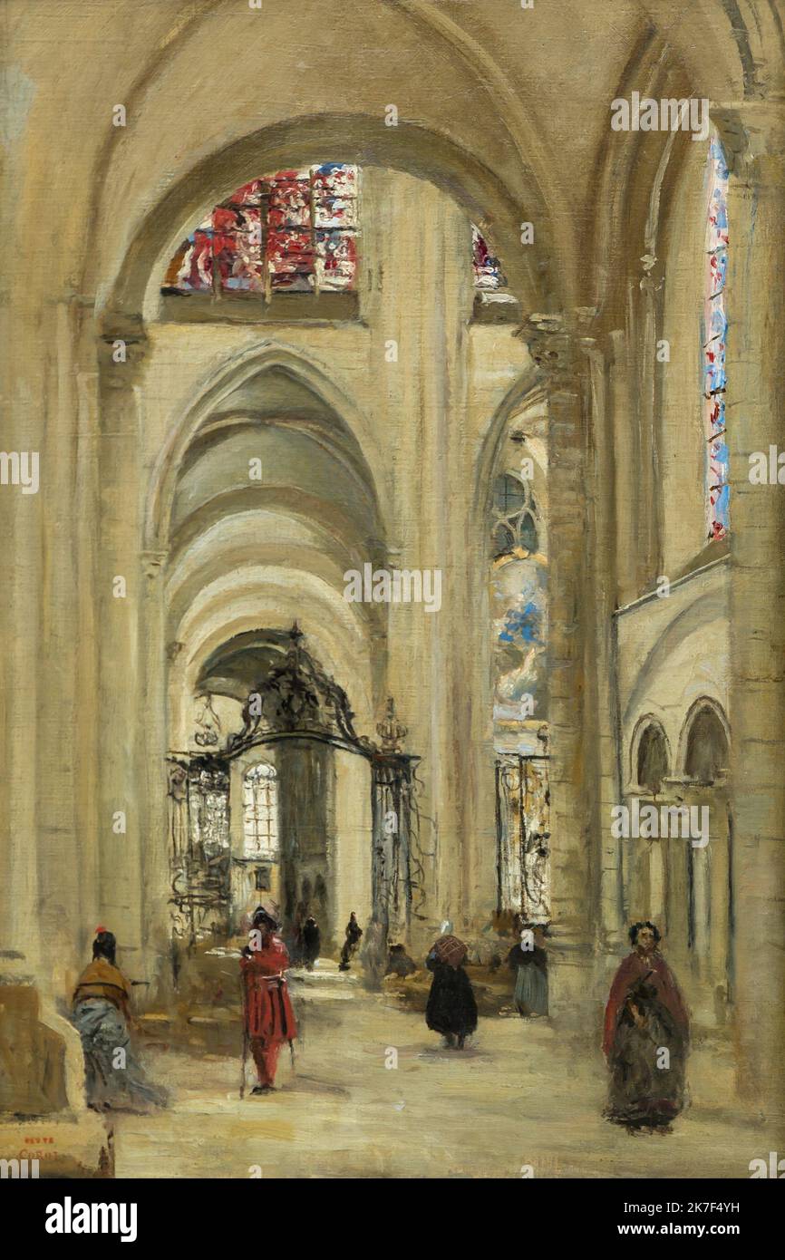 ©Active Museu/MAXPPP - ActiveMuseum 0000581.jpg / Vue de l'Interieur de la Cathedrale de Sens - Camille Corot (1874) - 1874 - / Jean-Baptiste Camille Corot / Peinture Active Museum / Le Pictorium Arch, Gläubige (religiös), Kathedrale, katholische Religion, Tor, Wache, Eisenwerk, Heilige (Glaube), Buntglasfenster, Vertikale Burgund (französische Region) ,Europa, Frankreich, sens, Westeuropa, Yonne, 19. Jahrhundert, Jean-Baptiste-Camille Corot, Malerei, Stockfoto