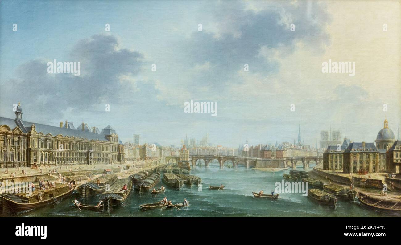 ©Active Museu/MAXPPP - ActiveMuseum 0000576.jpg / La seine en aval du Pont-Neuf a Paris - Nicolas-Jean-Baptiste Raguenet (1754) - 1754 - / Nicolas-Jean-Baptiste Raguenet / Peinture Active Museum / Le Pictorium Barge, blauer Himmel, Boot, Gebäude (), Handwerk (Boot), Kuppel, Horizontal, Insel, Fluss, kleines Boot, Wasserlauf, Europa, Ile-France (Region) ,Paris ,Paris 1. Bezirk (1. Arrondissement von Paris) ,Pont Neuf (paris) ,seine (The) ,Westeuropa ,18. Jahrhundert ,Nicolas-Jean-Baptiste Raguenet ,Malerei , Stockfoto