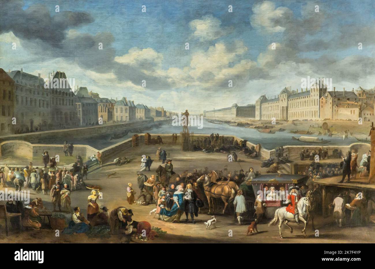 ©Active Museu/MAXPPP - ActiveMuseum 0000573.jpg / Le Louvre vu du Pont-Neuf - Hendrick Mommers (Vers 1666) - 1666 - / Hendrick Mommers / Peinture Active Museum / Le Pictorium Barge, Brücke, Bus (synonym), Hund, Horizontal, Pferd, Haus, von edler Geburt, Fluss, Ladenbesitzer, Statue, Wasserlauf, Europa, Frankreich, Hydrosphäre, Ile-de-France (Region), Paris, Paris, 1. Bezirk (1. Arrondissement von Paris) ,Pont Neuf (paris) ,seine (der) ,der Louvre ,Westeuropa ,Heinrich IV von Frankreich ,17. Jahrhundert ,Hendrick Mommers ,Malerei , Stockfoto