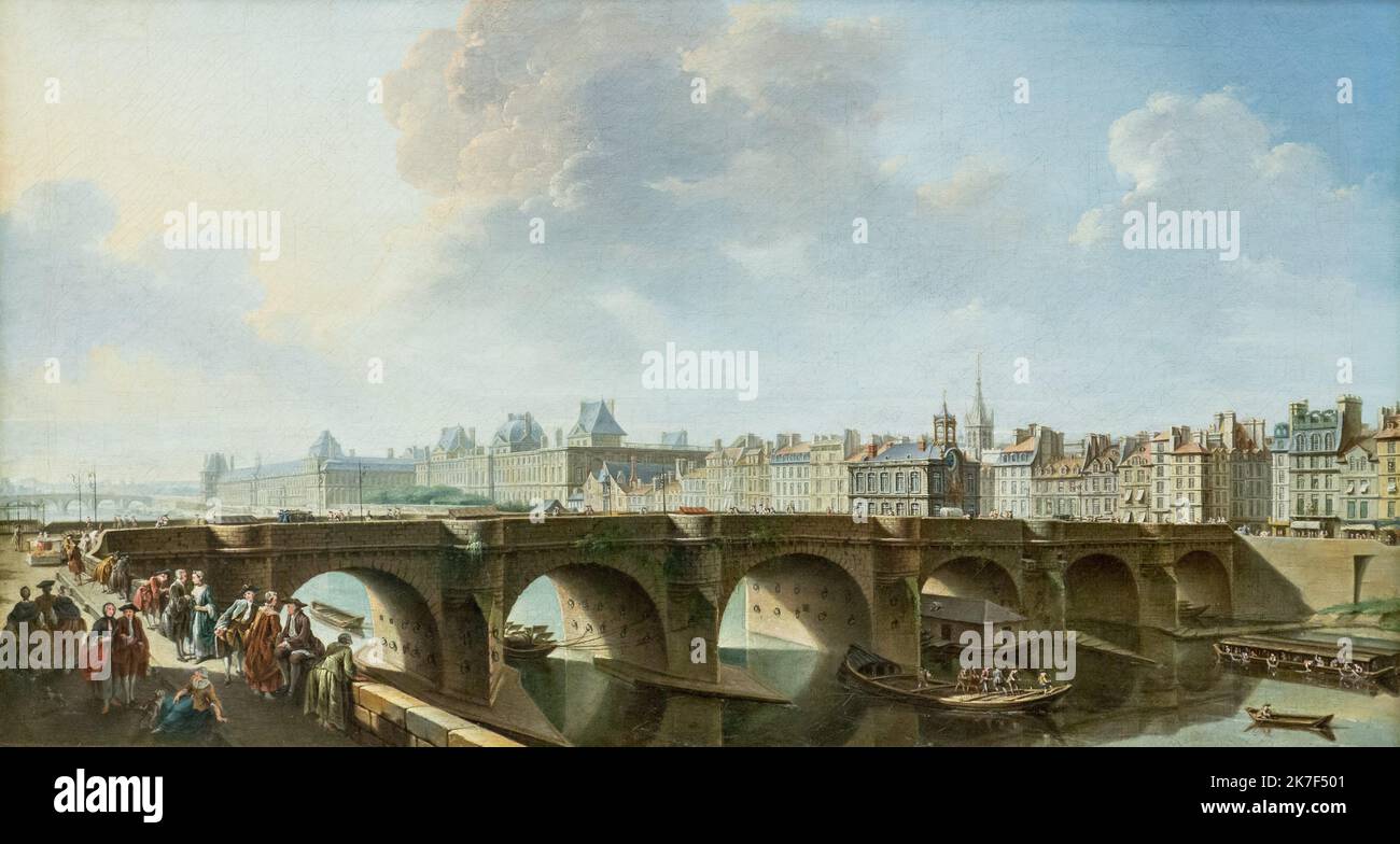 ©Active Museu/MAXPPP - ActiveMuseum 0000577.jpg / Le Pont-Neuf a Paris avec la Samaritaine - Nicolas-Jean-Baptiste Raguenet (1755) - 1755 - / Nicolas-Jean-Baptiste Raguenet / Peinture Active Museum / Le Pictorium Bank (Ufer), Barge, blauer Himmel, Boot, Brücke, Stadt, Horizontal, Passer-by-River, kleines Boot, Wasserlauf (Ile-de-France, Paris), Paris 1. Bezirk (1. Arrondissement von Paris), Pont Neuf (paris), seine (The), Westeuropa, 18. Jahrhundert, Nicolas-Jean-Baptiste Raguenet, Malerei, Stockfoto