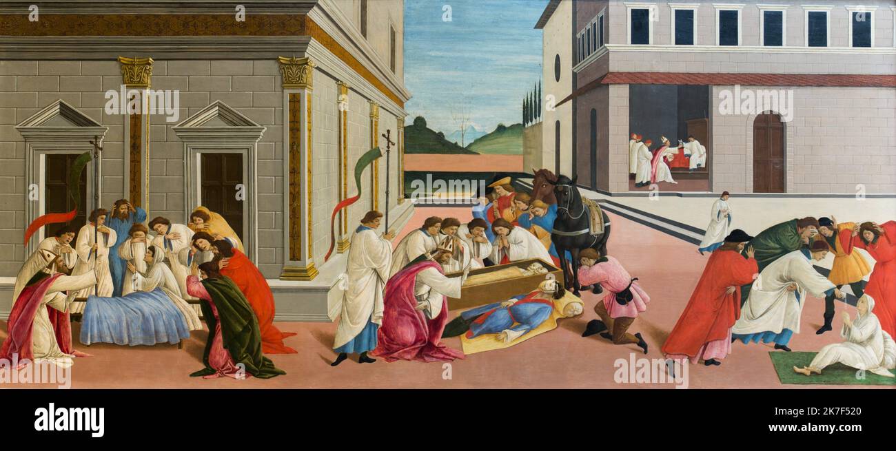 ©Active Museu/MAXPPP - ActiveMuseum 0000659.jpg / Trois Miracles de Saint Zenobius, 1510 - Sandro Botticelli 1510 - / Sandro Botticelli / Peinture Active Museum / Le Pictorium Bishop ,First Renaissance ,Horizontal ,Wunder ,Religion ,Religiös ,Auferstehung ,Triptychon ,Europa ,Firenzel ,Italien ,Toskana ,Westeuropa ,Saint Zenobius ,16. Jahrhundert ,Sandro Botticelli ,Malerei , Stockfoto