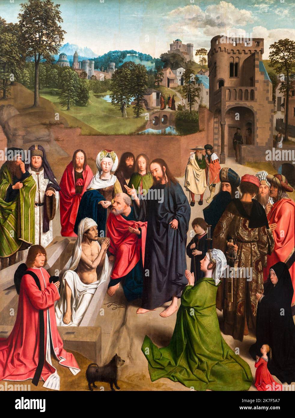 ©Active Museu/MAXPPP - ActiveMuseum 0000759.jpg / La Resurction de Lazare, avec un couple de Donateurs et leur Fillette en priere, 1480 - Geertgen tot Sint Jans ou Gerard de Saint Jean 1480 - / Gerard de Saint Jean / La Resurction de Lazare, Avec un couple de Donateurs et leur Filette en priere Active Museum / Le Pictorium Katholische Religion, Stadt, Paar, Hund, Spender, frühe niederländische Malerei, Grab, Gruppe, gesund, Hügel, kleines Mädchen, Natur, Gebet, Rampart, Auferstehung, Grab, Turm, Baum, vertikal, Jesus Christus, XV. Jahrhundert, Gerard de Saint Jean,? La Resurction de Lazare, avec Stockfoto