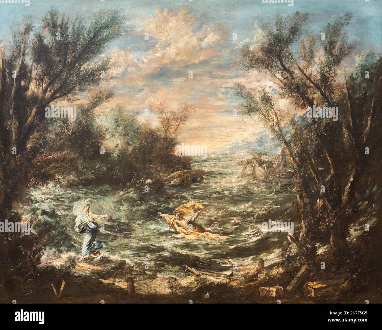 ©Active Museu/MAXPPP - ActiveMuseum 0000920.jpg / Le Christ sur la Mer de Galilee, 1740 - Allessandro Magnasco - Christus am See von Galilee 1740 - / Alessandro Magnasco / Peinture Active Museum / Le Pictorium Blauer Himmel, katholische Religion, Wolke, Horizontal, Landschaft, Mensch, Natur, Rokoko-Stil, Meer, Baum, Wasser, Frau, Galileo Galilei, Israel, Mittlerer Osten, Jesus Christus, 18.. Jahrhundert, Alessandro Magnasco, Malerei , Stockfoto