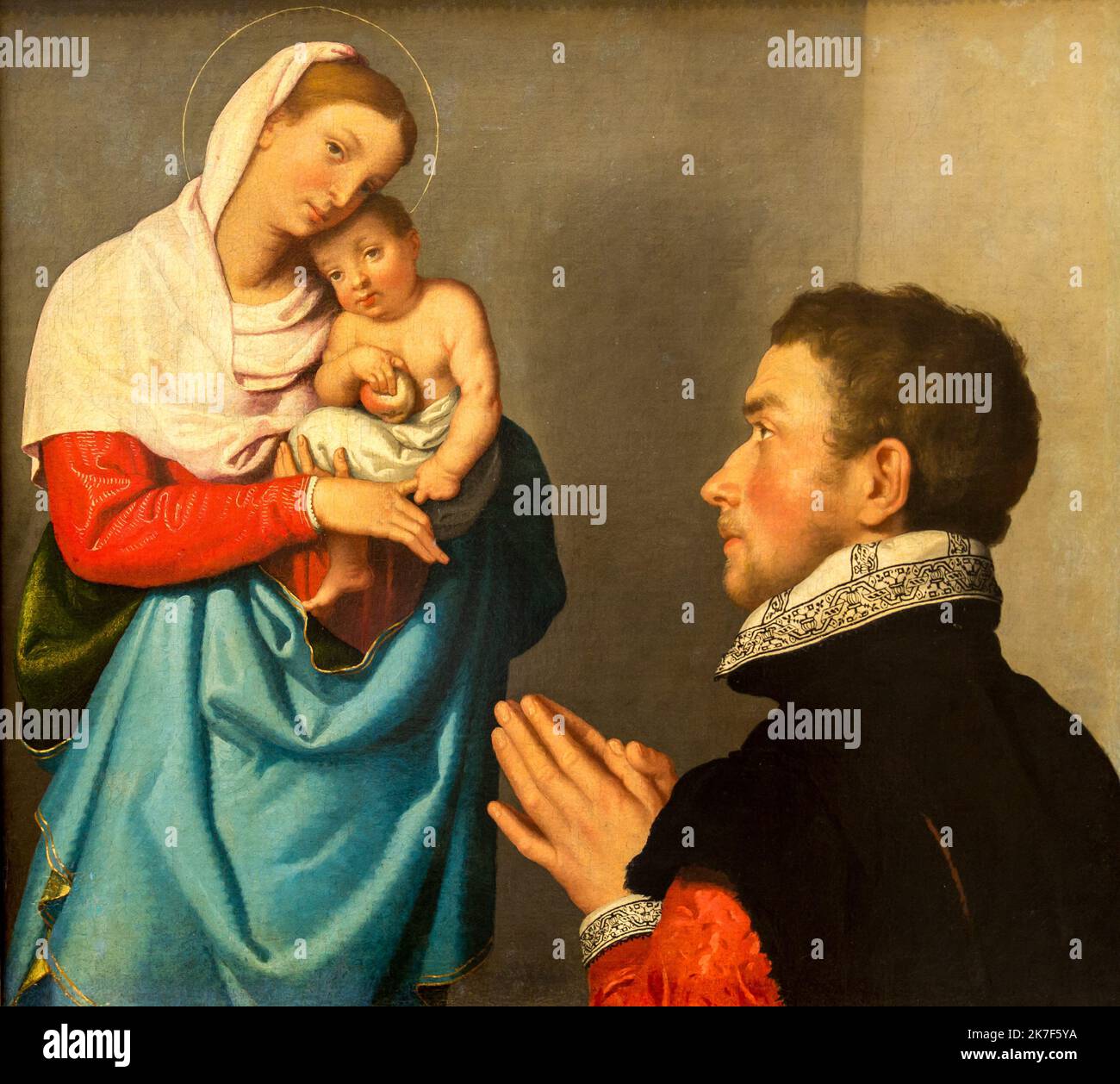 ©Active Museu/MAXPPP - ActiveMuseum 0001016.jpg / UN Gentleman en Adoration devant la Vierge, 1560 - Giovanni Battista Moroni - Ein Gentleman in Anbetung vor der Madonna 1560 - / Giovanni Battista Moroni / Peinture Active Museum / Le Pictorium Anbetung ,Apfel ,Aureola (Religion) ,Baby ,Kind ,Halsband ,Gentelman ,Gentleman ,Horizontal ,Mann ,Manierismus ,Gebet ,Jungfrau und Kind ,Frau ,Junge ,Jesus Christus ,Maria (Mutter von Jesus) ,16. Jahrhundert ,Giovanni Battista Moroni ,Malerei , Stockfoto