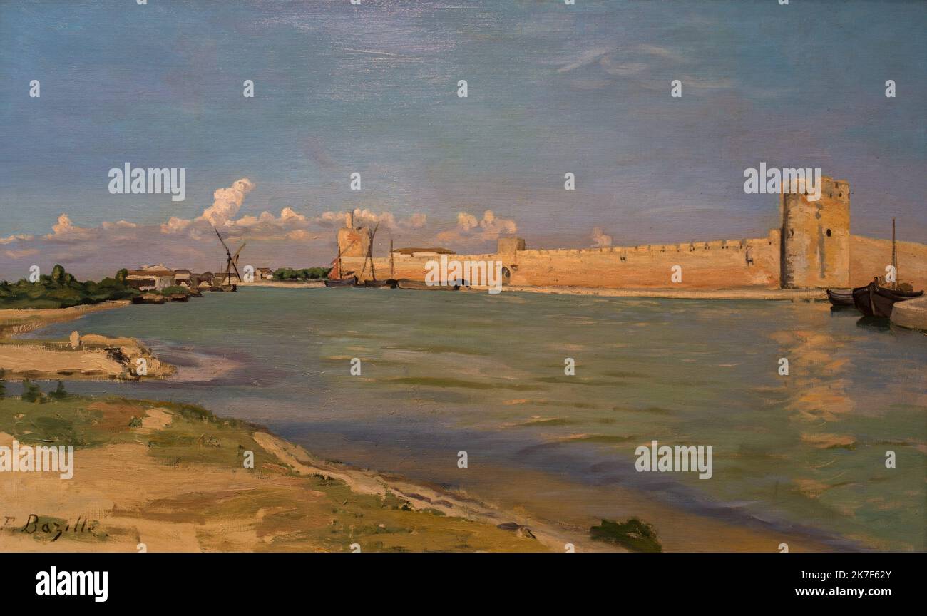 ©Active Museu/MAXPPP - ActiveMuseum 0001136.jpg / Les remparts d'Aigues-Mortes - Frederic Bazille (1867) 1867 - / Frederic Bazille / Peinture Active Museum / Le Pictorium Blauer Himmel, Boot, Impressionismus, Meer, Aigues-Mortes, Europa, Frankreich, Gard, Languedoc-Roussillon, Westeuropa, 19. Jahrhundert, Frederic Bazille, Malerei, Stockfoto