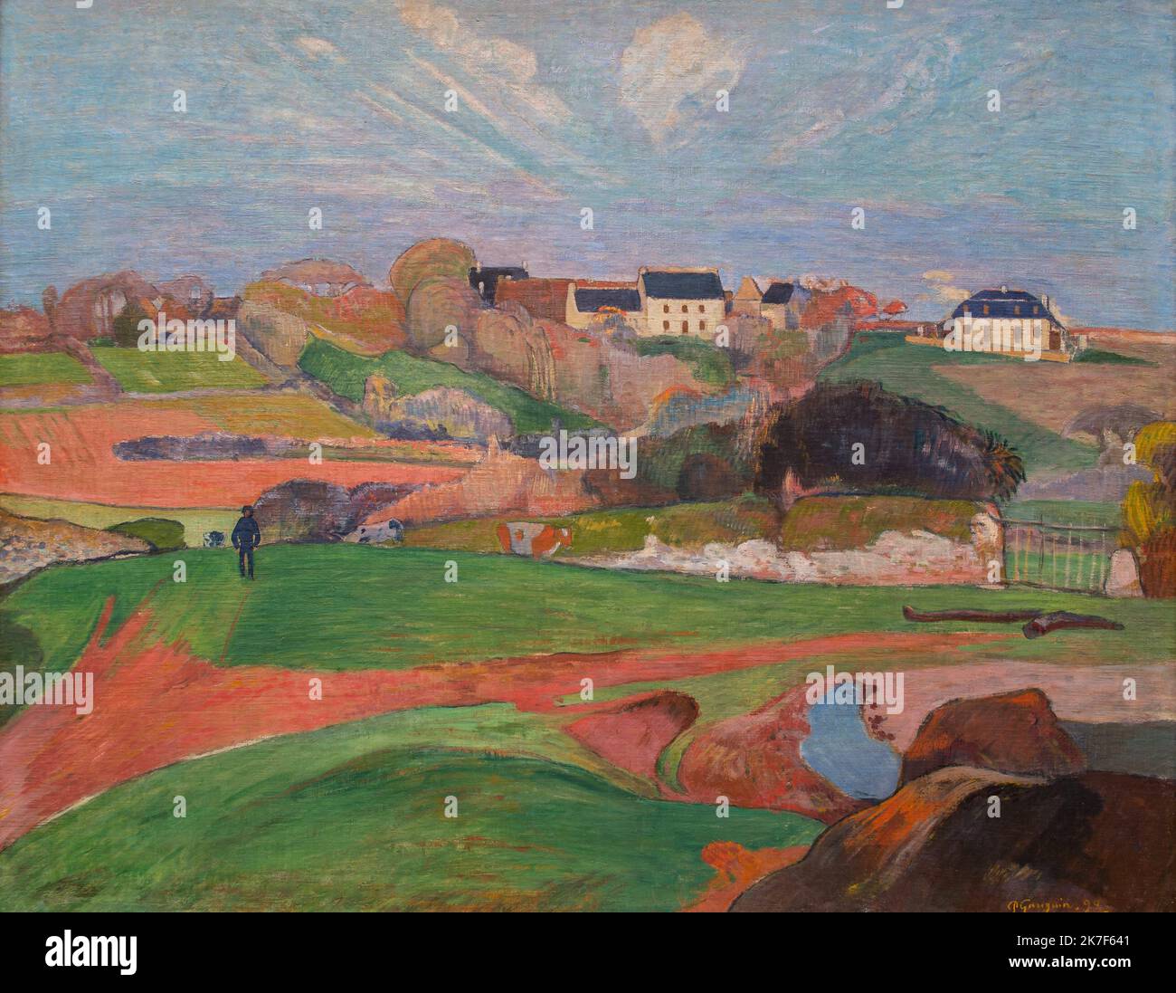 ©Active Museu/MAXPPP - ActiveMuseum 0001167.jpg / Paysage au Pouldu - Paul Gauguin (1890) 1890 - / Paul Gauguin / Peinture Active Museum / Le Pictorium Landwirtschaft, blauer Himmel, Feld, Haus, Landschaft, Pont-Aven Schule, Postimpressionismus, Dorf, Bretagne, Europa, Finistere, Frankreich, Pouldu, Westeuropa, 19. Jahrhundert, Paul Gauguin, Malerei, Stockfoto