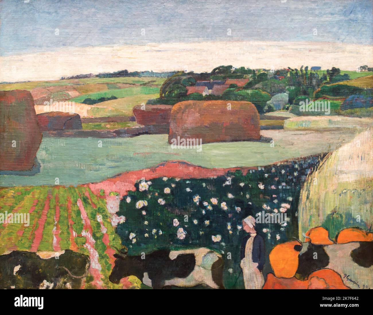 ©Active Museu/MAXPPP - ActiveMuseum 0001166.jpg / Meules de foin en Bretagne - Paul Gauguin (1890) 1890 - / Paul Gauguin / Peinture Active Museum / Le Pictorium Landwirtschaft, blauer Himmel, Landschaft, Kuh, Feld, Heu, Landschaft, Mühlstein, Pont-Aven Schule, Postimpressionismus, 19. Jahrhundert, Paul Gauguin, Malerei, Stockfoto
