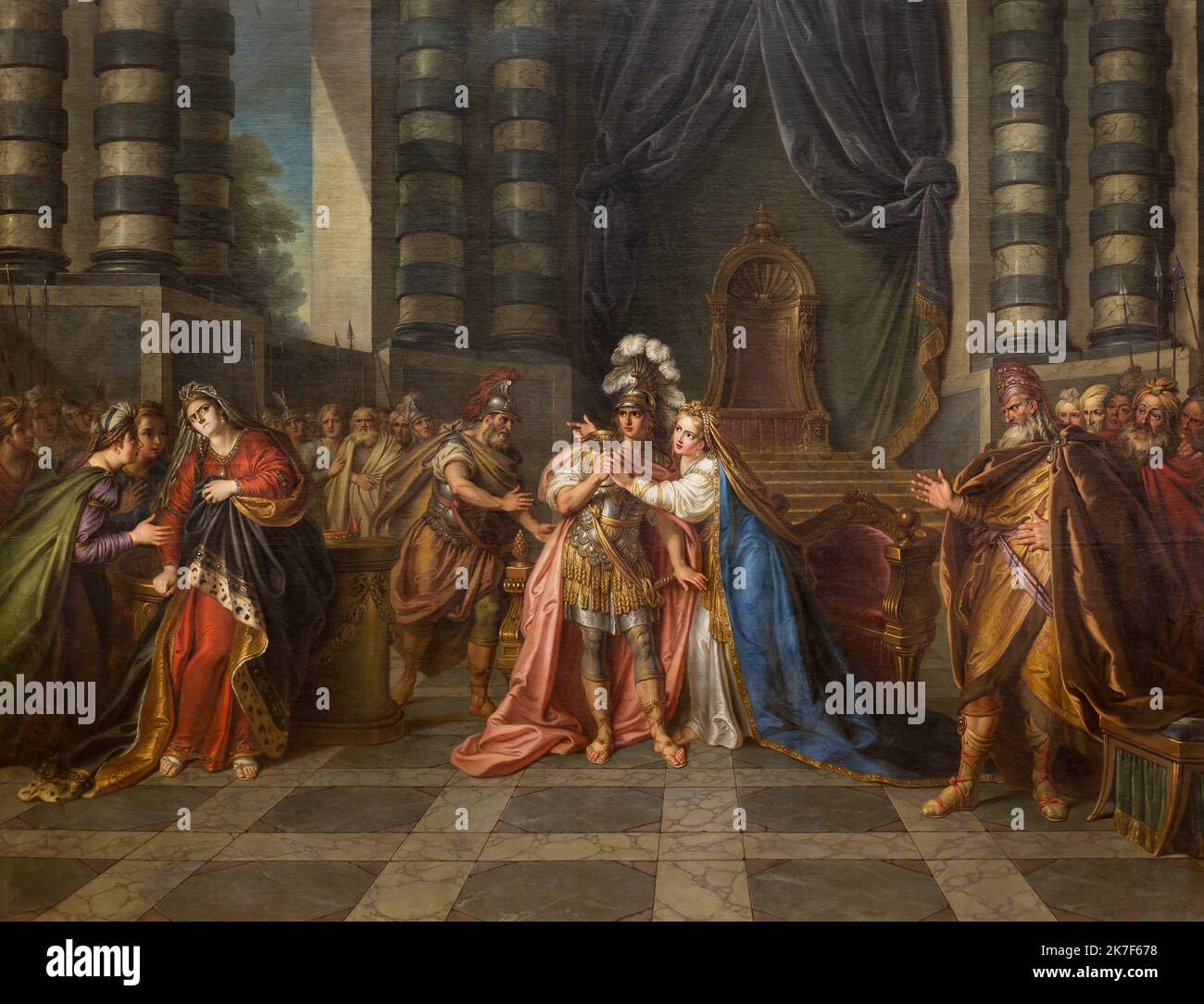 ©Active Museu/MAXPPP - ActiveMuseum 0001260.jpg / Rodogune et Cleopatre, Vers 1740 - Charles-Antoine Coypel 1740 - / Charles-Antoine Coypel / Peinture Active Museum / Le Pictorium Antike, Rüstung, Kap, Säule, Gruppe, Helm, Horizontal, Eifersucht, Palast, Königin, Rokoko-Stil, Soldat, Theater (Show), Thron, Afrika, Ägypten, Mittlerer Osten, Nordafrika, Cleopatra, Rodogune, 18. Jahrhundert, Charles-Antoine Coypel, Malerei, Stockfoto