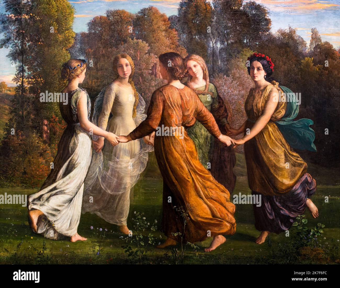 ©Active Museu/MAXPPP - ActiveMuseum 0001470.jpg / Le Poeme de l'ame, Rayon de Soleil, Vers 1850 - Louis Janmot 1850 - / Louis Janmot / Peinture Active Museum / Le Pictorium Wolkenverhangener Himmel, Kleid, Wald, Horizontal, Natur, Gedicht, Sonnenstrahl, Re-Raphaelites, Romantik, Symbolismus, zum Tanzen, Frau, 19. Jahrhundert, Louis Janmot, Malerei, Stockfoto