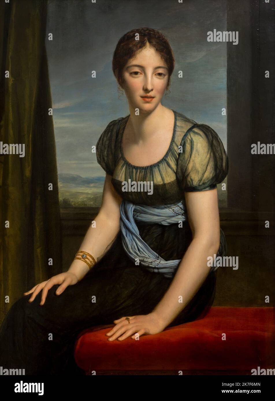 ©Active Museu/MAXPPP - ActiveMuseum 0001664.jpg / Madame Regnault de Saint-Jean d'Angely, 1798 - Baron Francois Gerard Nee Laure de Bonneuil (1775-1857), est l'epouse d'un homme politique qui deviendra Conseiller d'Etat sous le Consulat. Peinture a l'huile sur toile 1798 - / Baron Francois Gerard / ? ? Madame Regnault de Saint-Jean d'Angely, 1798 - Baron Francois Gerard ? ? Aktives Museum / Le Pictorium 1 Personen, Armband, Brünette, Gold (Edelmetall), Haare gebunden zurück, Haselaugen, Malerei, Politik, Porträt, Ring, sitzen (Verb), Vertikal, Frau, Frau, Laure de Bonneuil, Madame Regnault de Sai Stockfoto