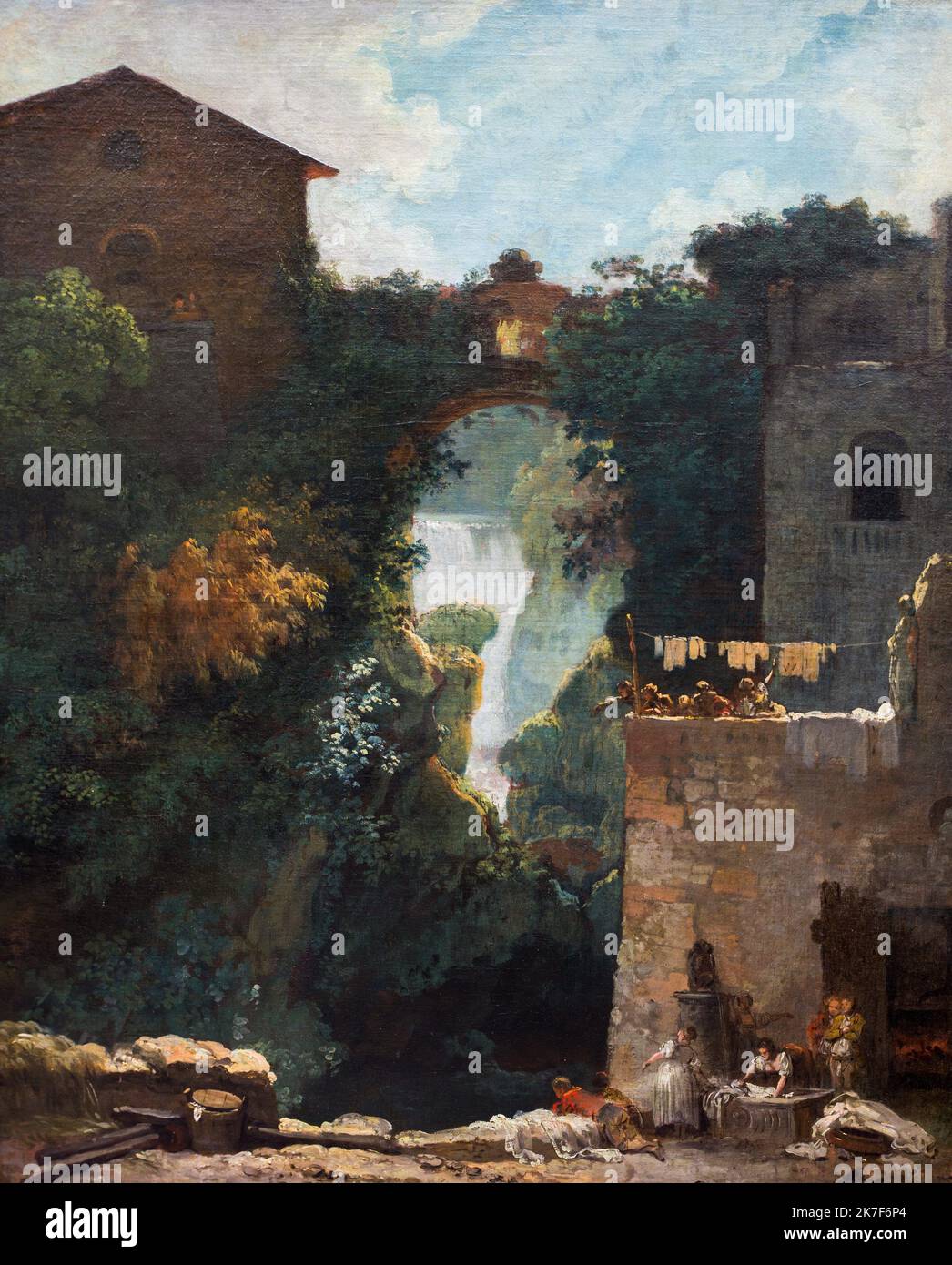 ©Active Museu/MAXPPP - ActiveMuseum 0001852.jpg / Cascatelles de Tivoli, 1761 - Jean-Honore Fragonard Huile sur toile 1761 - / Jean-Honore Fragonard Active Museum / Le Pictorium Archway, blauer Himmel, Kind, Kleiderhängen, Wolke, Landschaft, tägliche Lebenslandschaft, grüne Landschaft, Gruppe, Haus, Landschaft, Mann, Malerei, Stein, Sommerklima, Baum, Vertikal, Waschen, Wasser (Element), Wasserfall, Frau, Europa, Italien, Rom, Westeuropa ,Tivoli ,18. Jahrhundert ,Jean-Honore Fragonard , Stockfoto