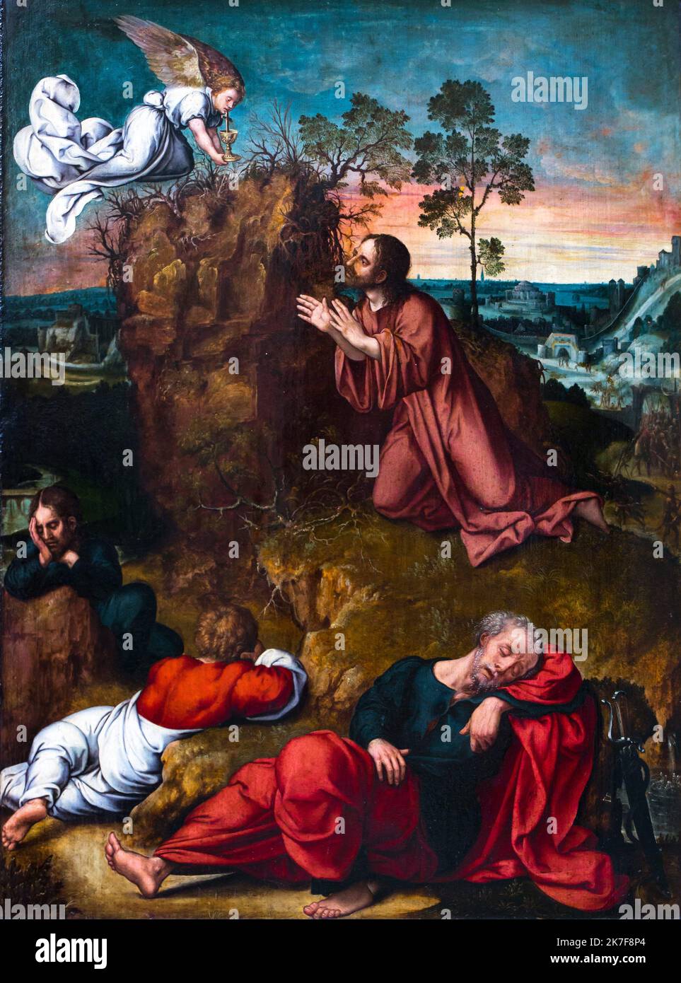 ©Active Museu/MAXPPP - ActiveMuseum 0001977.jpg / Jesus au jardin des Oliviers, Vers 1520 - Barend van Orley 1520 - / Barend van Orley / Peinture Active Museum / Le Pictorium Angel, schlafend, Schlafenszeit, biblisch, Segen, Bogen (Musik), katholisch (Adj und Substantiv) ,Katholische Religion ,Christ ,christliche Religion ,Christentum (Religion) ,Kreuz ,Tasse ,Abend ,Glaube ,Garten ,Mann ,Messias ,Olivenbaum ,Religion ,religiöser Glaube ,Sitzen (sein) ,Knien ,Vertikal ,Israel ,Jerusalem ,Naher Osten ,Ölberg ,Jesus Christus ,Renaissance () ,Barend van Orley ,Malerei , Stockfoto