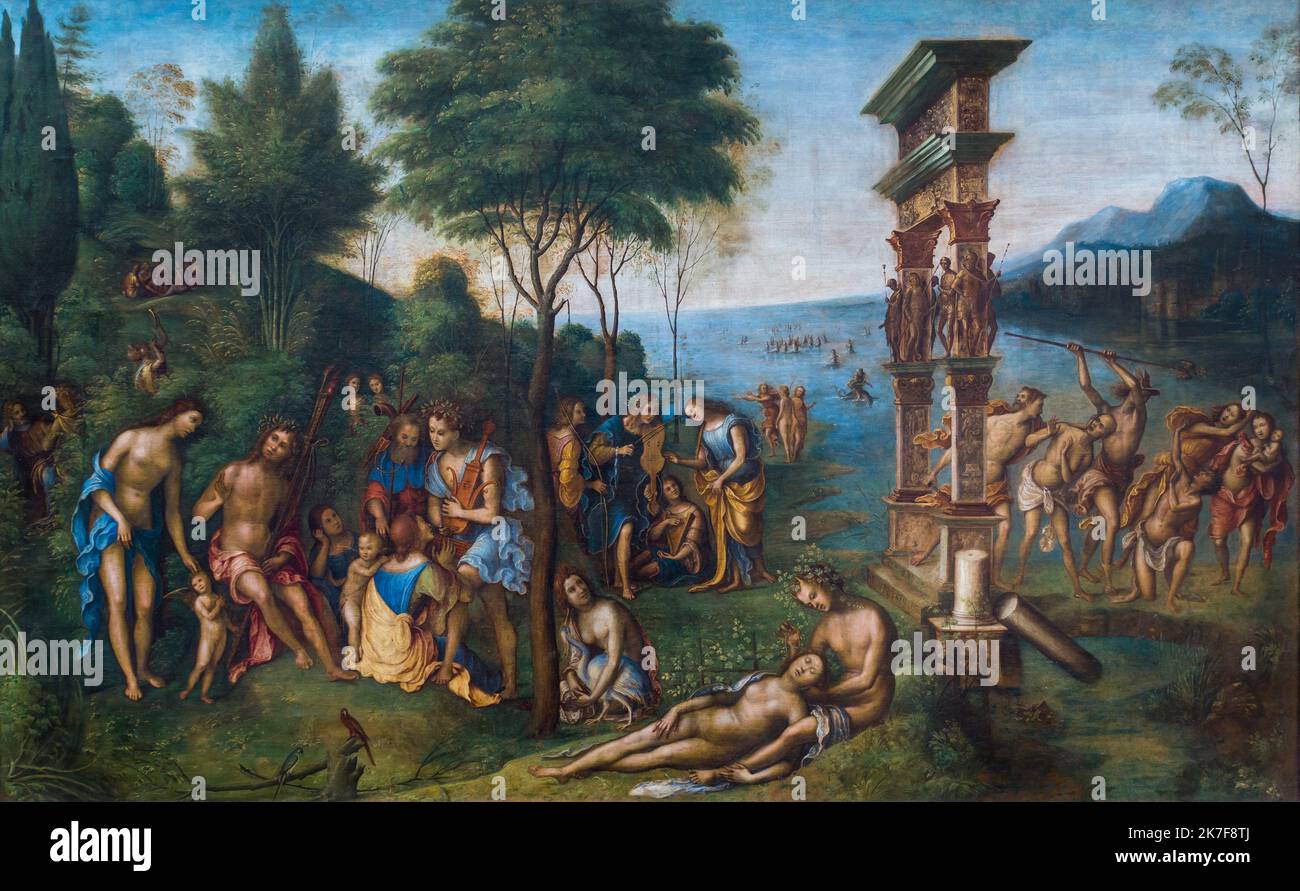 ©Active Museu/MAXPPP - ActiveMuseum 0002025.jpg / Le Regne de Comus 1511 - / Lorenzo Costa / Peinture Active Museum / Le Pictorium Allegory, Bogen (Architektur), Kind, Menge, Horizontal, Mann, Meer, Saiteninstrument, Baum, Wasser (Element), Frau, Frau und Kind, Frau von hinten, Comus, 16. Jahrhundert, Lorenzo Costa, Malerei, Stockfoto
