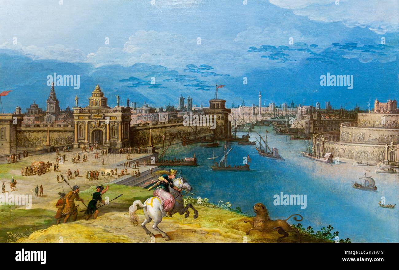 ©Active Museu/MAXPPP - ActiveMuseum 0002852.jpg / Semiramis Chassant le Lion aux portes de Babylone 1600 - / Louis de Caullery / Peinture Active Museum / Le Pictorium Tier, Pfeil, Boot, Bogen (Waffe), Wagen (Barrow), Schloss, Stadt, wolkiger Himmel, Menge, Krone, Flagge, Göttin, Gold (Edelmetall) ,Grieche ,Hügel ,Horizontal ,Jagd (zu) ,Legende ,Löwe ,Mann ,Reitpferd ,Königin ,Fluss ,Segelboot ,Speer ,Weisses Pferd ,Frau ,Weltwunder ,Asien ,Babylon ,Irak ,Mesopotamien ,Mittlerer Osten ,Semiramis ,Renaissance () ,Louis de Caullery ,Malerei , Stockfoto