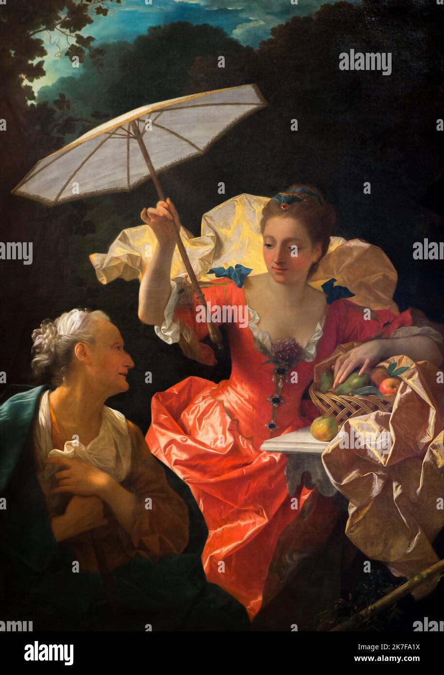 ©Active Museu/MAXPPP - ActiveMuseum 0002862.jpg / Vertumne et Pomone Huile sur toile 1710 - / Jean Ranc / Peinture Active Museum / Le Pictorium 2 Personen, Aussehen (sieht aus), Apfel, Schönheit, blauer Himmel, braunes Haar, zart, Kleid, Wald, Obstkorb, Garten, Gartentisch, Göttin, Anmut (Eleganz), griechischer gott, Haare gebunden zurück, Hand Am Herzen, überkreuzte Hände, mythologische Szene, Nymphe, Alte Frau (), Orange (Farbe), Birne, römische Mythologie, Regenschirm, Vertikal, weißhaarig, Wein, Frau, Pomona, Vertumnus, 17.. Jahrhundert, Jean Ranc, Malerei, Stockfoto