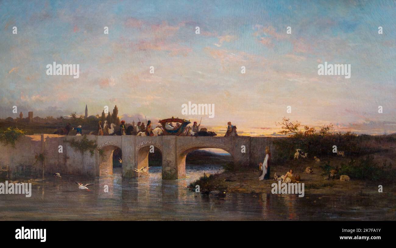 ©Active Museu/MAXPPP - ActiveMuseum 0002875.jpg / Promenade de femmes turques en Asie, soleil Couchant Huile sur toile 1863 - / Charles Emile Tournemine / Peinture Active Museum / Le Pictorium Tier, Bogenbrücke, Vogel, Eimer, Ziege, Herde, Horizontal, Pferdekutsche, Reiter, liegend, bestiegtes Pferd, muslimisches Kopftuch (das), auf dem Kopf, Fluss, Sonnenuntergang, Türkisch, Vase, Schleier, Spaziergang, Wasserlauf, Frau, Asien, 19.. Jahrhundert ,Charles Emile Tournemine ,Malerei , Stockfoto