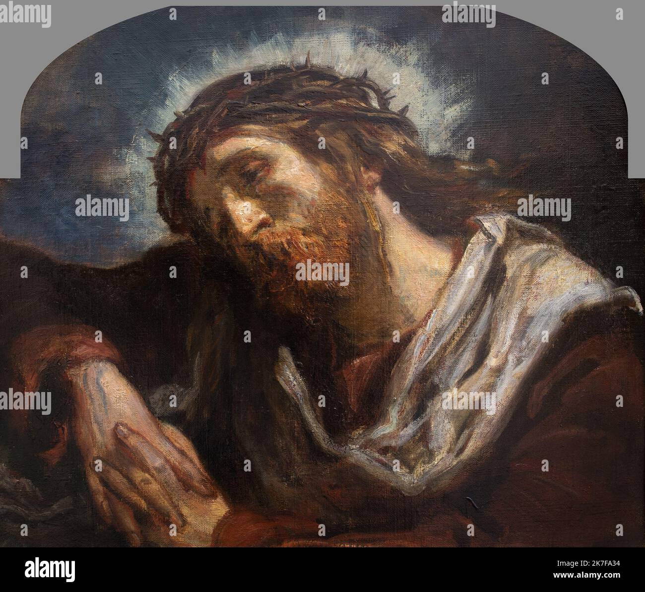 ©Active Museu/MAXPPP - ActiveMuseum 0002894.jpg / Le Christ couronne d'epines 1852 - / Marcel-Antoine Verdier / Peinture Active Museum / Le Pictorium biblisch, braun, katholische Religion, christliche Religion, Christentum, Elbow, Heiliger Geist, Horizontal, Schiefen, Langhaar, Mann, roter Bart, rotes Haar, Traurigkeit, Thema, Dornenkrone, Tunika, mit gefalteten Händen, Jesus Christus, 19. Jahrhundert, Marcel-Antoine Verdier, Malerei, Stockfoto