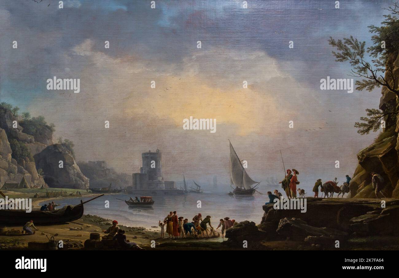 ©Active Museu/MAXPPP - ActiveMuseum 0002963.jpg / Marine, Temps calme 1770 - / Claude-Joseph Vernet / Peinture Active Museum / Le Pictorium Gebäude (Bau), ruhiges Meer, ruhiges Wetter, Kind, Klippe, Wolke, Menge, Dock, Fischhändler, Angelmaterial, Galeone, Gruppe, Horizontal, Itinerant Handel, Leuchtturm, Mann, Maritime Szene, MARINE, friedlich, Rampart, Felsen (Stein), Segelboot, kleines Boot, Sonnenuntergang, Reisen, Reisender ,Baum, Frau, 18. Jahrhundert, Claude-Joseph Vernet, Malerei, Stockfoto