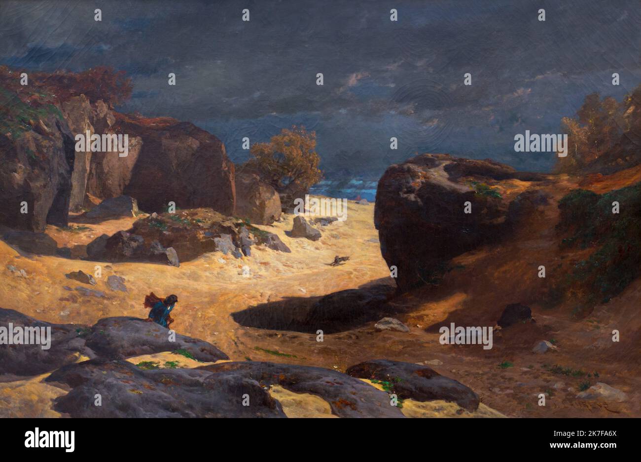 ©Active Museu/MAXPPP - ActiveMuseum 0002986.jpg / Le chemin des Sables a Fontainebleau, Effet d'orage 1869 - / Jules-Joseph-Aguste Laurens / Peinture Active Museum / Le Pictorium 1 Personen, eine raue Landschaft, Bush, Dunkel, Hügel, Horizontal, Mann, bedrohlicher Himmel, Felsen, Felsen (Stein), Sandpfad, Stein (Geologie), stürmisches Wetter, 19.. Jahrhundert, Jules-Joseph-Aguste Laurens, Malerei, Stockfoto