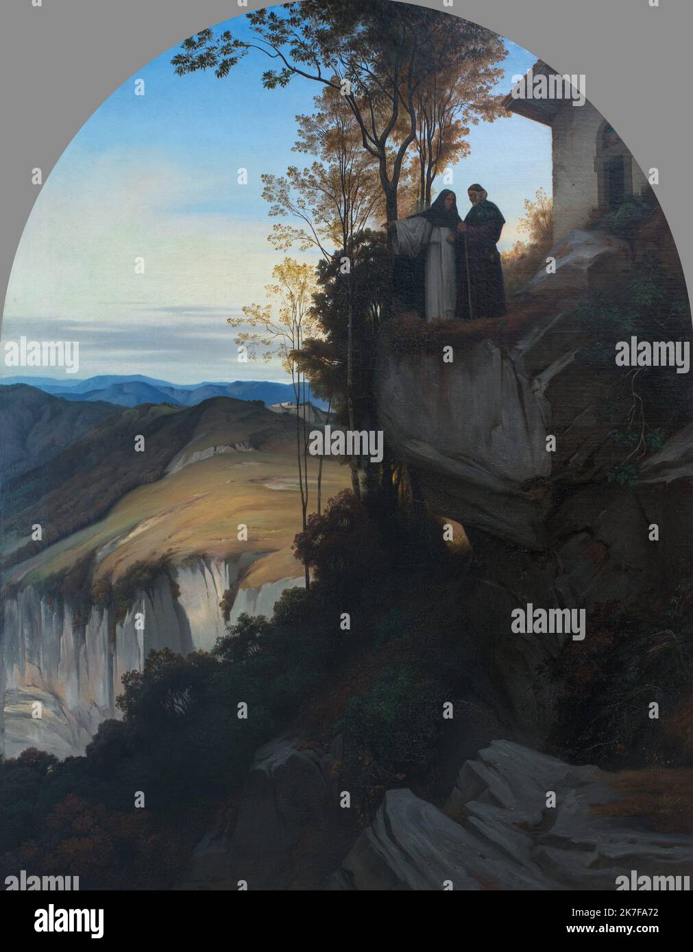 ©Active Museu/MAXPPP - ActiveMuseum 0002989.jpg / Vue des Agnins sur le sommet du Mont Lavernia Huile sur toile 1836 - / Francois-Edouard Berlin / Peinture Active Museum / Le Pictorium 2 Personen, Bart, blauer Himmel, Bush, Kraut, Hochland, Haus, Mann, Berg, Moutain Range, Fels (Stein), Serenity Stick, (Wandern), Gipfel, Baum vertikal ,Aussicht, Europa, Italien, Mountain Lavernia, Westeuropa, 19. Jahrhundert, Francois-Edouard Berlin, Malerei, Stockfoto
