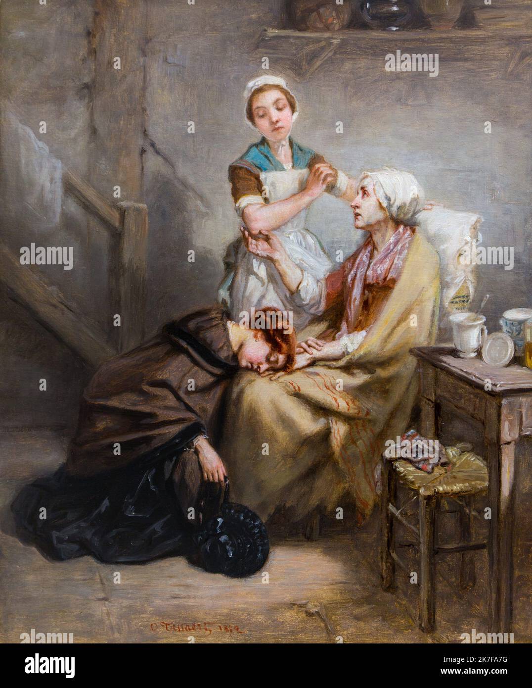 ©Active Museu/MAXPPP - ActiveMuseum 0002994.jpg / Le retour au Village (l'Enfant Prodigue) 1852 - / Octave Tassaert / Peinture Active Museum / Le Pictorium 3 Personen, Decke, Braun, Cape, Enttäuschung, Kopf auf den Knien, Misstrauen, Alte Dame, Kopfbedeckung, Wunderkind, rotes Haar, Buße, Rückkehr, Schal, Diener, Diener (Person), kurzhaarig, krank, sitzen (Verb), knien, Dorf, Frau, Frauenhut, Junge Frau vertikal, 19. Jahrhundert, Octave Tassaert, Malerei, Stockfoto
