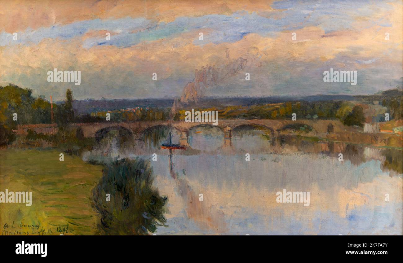 ©Active Museu/MAXPPP - ActiveMuseum 0003013.jpg / La seine a Maison Laffitte 1898 - / Albert Lebourg / Peinture Active Museum / Le Pictorium Barge, blauer Himmel, Brücke, Wolke, französische Gemeinde, grüne Landschaft, Kraut, Horizontal, Haus, Motorboot, friedlich, Ort von Interesse, Fluss, Einfamilienhaus, Rauch (), die seine, Baumdorf, Wasser (Element), seine (die), 19. Jahrhundert, Albert Lebourg, Malerei, Stockfoto