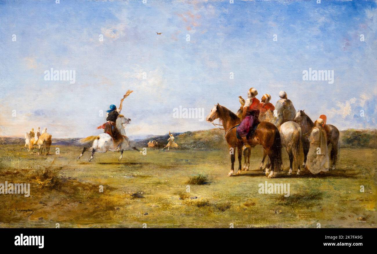 ©Active Museu/MAXPPP - ActiveMuseum 0003209.jpg / Arabes Chassant le faucon, Vers 1850 - Eugene Fromentin Huile sur toile 1850 - / Eugene Fromentin / Peinture Active Museum / Le Pictorium Activite de plein air ,Aktivität ,Tier ,Arabisch ,Vogel ,Unterhaltung (Spaß) ,Falcon ,Gruppe ,Horizontal ,Pferd ,Reiten ,Jagd(zu) ,Keffiyeh ,Rasen ,Mann auf einem Pferd ,von edler Geburt ,schlicht ,traditionell hut, traditioneller Kopfschmuck, 19. Jahrhundert, Eugene Fromentin, Malerei, Stockfoto