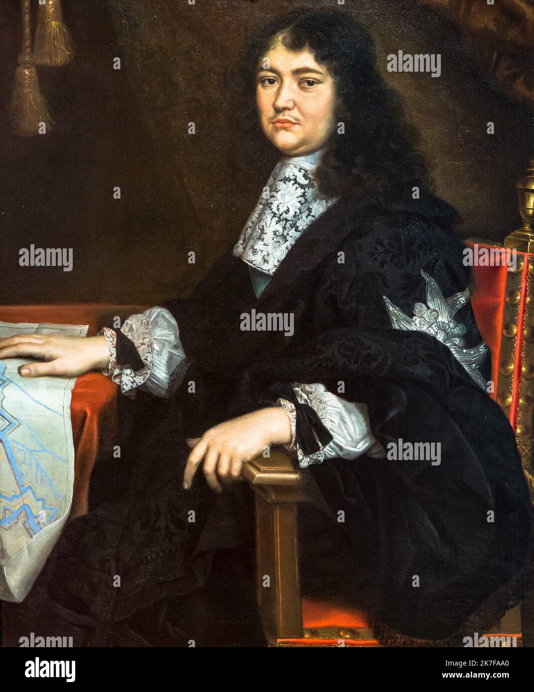 ©Active Museu/MAXPPP - ActiveMuseum 0003235.jpg / Michel le Tellier, marquis de Louvois / Pierre Mignard / Peinture Active Museum / Le Pictorium 1 Person, Schwarz, Blanche, Braun, Karte, Stuhl, lockiges Haar, Dunkelaugen, Stickerei, Französisch, Spitze, Langhaar, Mann, Karte, Marquess, Minister, Schnurrbart, von edler Geburt, Orange (Farbe), Peignoir (Sekretär) (Zu sein), Staatsmann, Tisch, Tischdecke in Stoff, Vertikal, Michel le Tellier, 17. Jahrhundert, Pierre Mignard, Malerei, Stockfoto