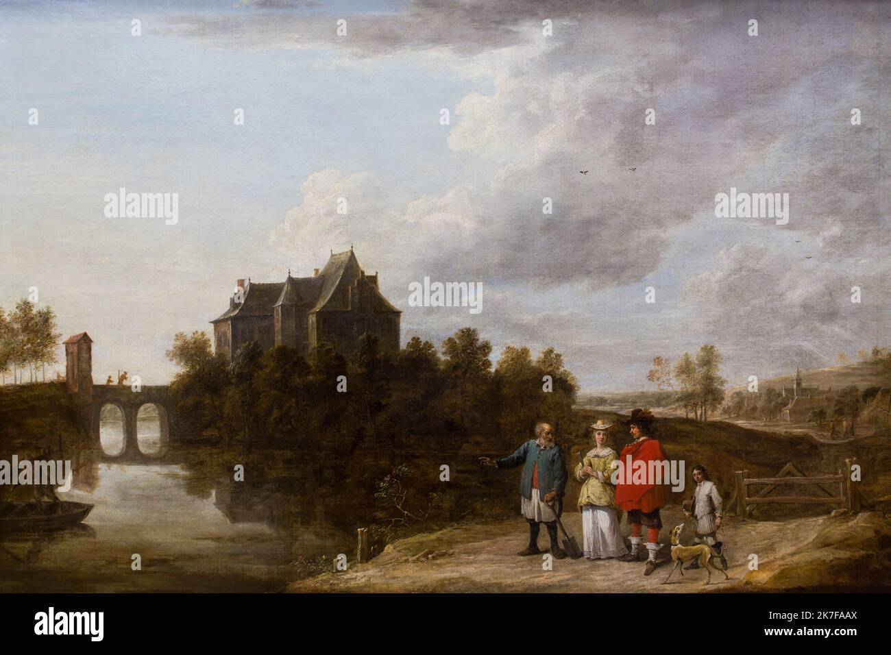 ©Active Museu/MAXPPP - ActiveMuseum 0003297.jpg / Paysage au Chateau Huile sur toile 1652 - / David Teniers Le Jeune / Peinture Active Museum / Le Pictorium 4 Personen, Bart, Schloss, Hund, Holländer, Horizontal, Mann, Herrenhut, Alter Mann, Fluss (klein), Straße, Schaufel, kleines Boot, Track, Baum, Viadukt, Drahtzaun, Frau, Frauen hut, 17. Jahrhundert, David Teniers der Jüngere, Malerei, Stockfoto