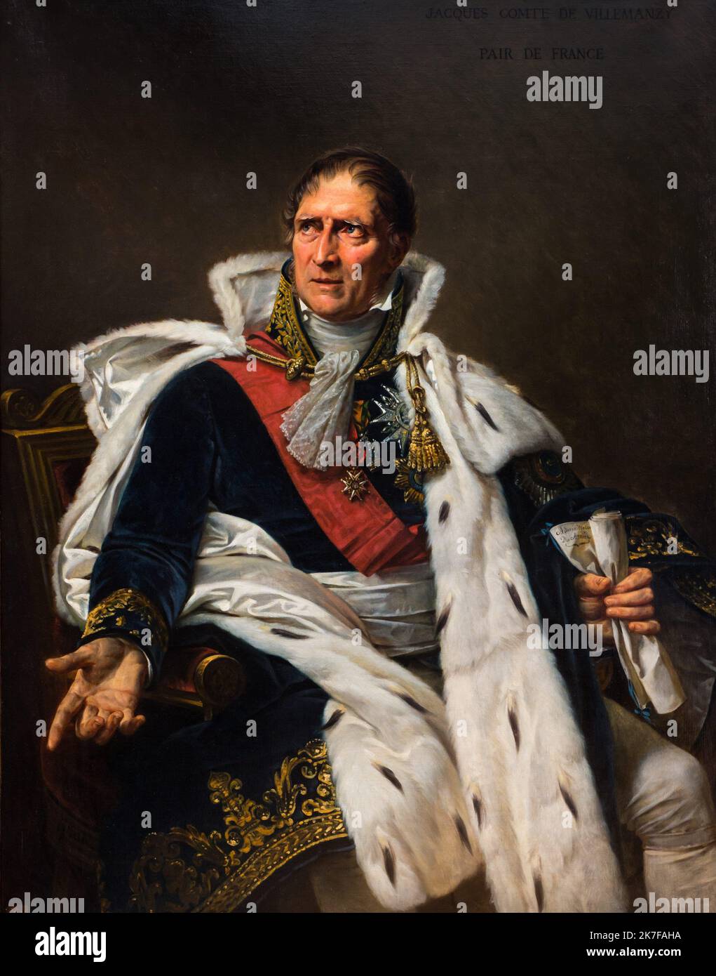 ©Active Museu/MAXPPP - ActiveMuseum_0003325.jpg / Pierre-Jacques Orillard, comte de Villemanzy Huile sur toile 1827 - / Antoine-Jean Gros / Peinture Active Museum / Le Pictorium 1 Personen, Sessel, Abzeichen, Blazon, braune Haare, Cape, Gespräch, Zählung, Dunkelblau, Dekoration (Medaille), Diskussion, Stickerei, Augen, Gesicht auf, Französisch, Jacke, Brief, Generalmajor, Mann, Adel, Politik, Porträt, Quartermaster General, Schal, kurzhaarig ,Sitzen (zu sein), Stehkragen, Hose, Samt, Vertikal, Weiß, Pierre-Jacques Orillard, 19.. Jahrhundert, Antoine-Jean Gros, Malerei, Stockfoto