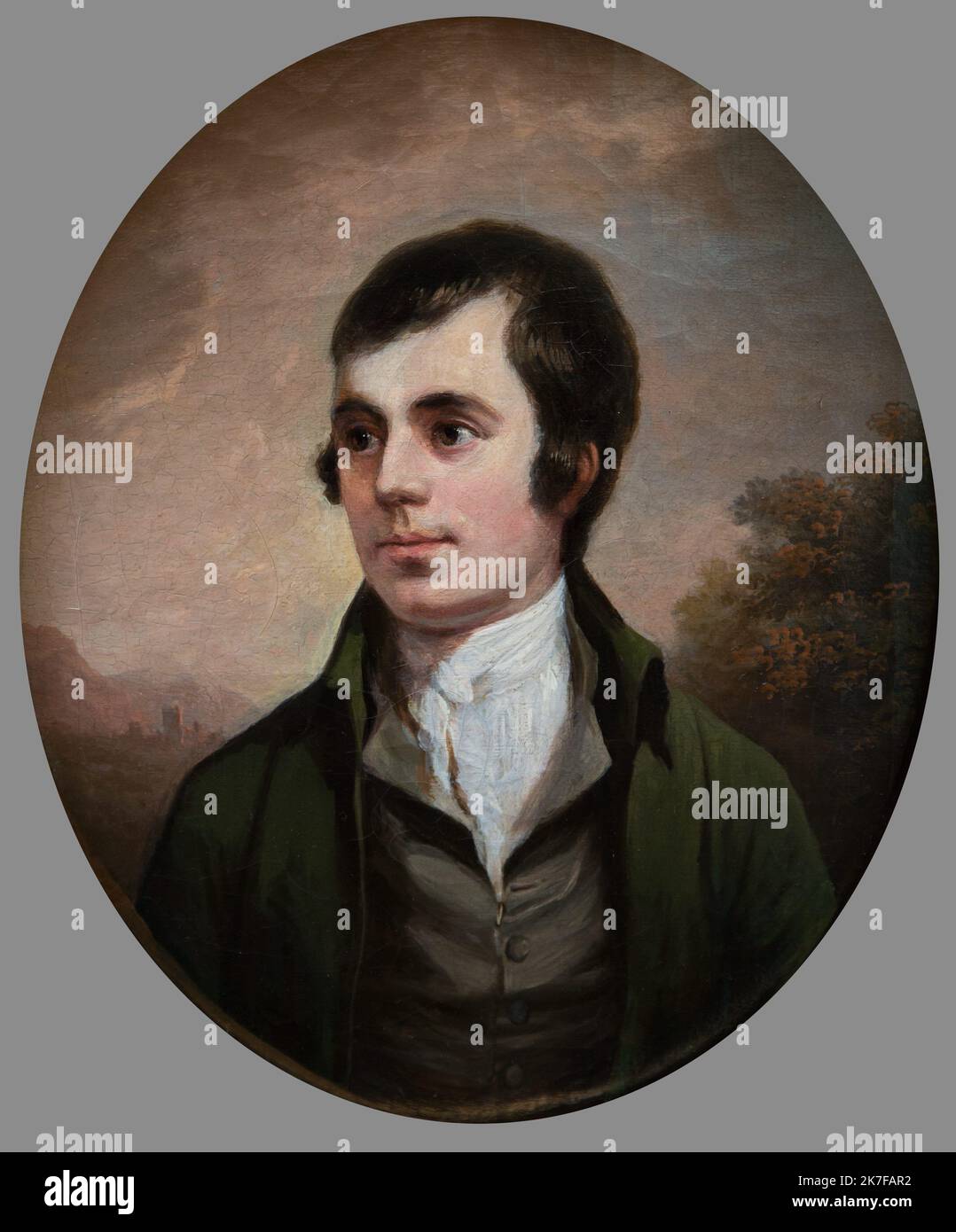 ©Active Museu/MAXPPP - ActiveMuseum 0003744.jpg / Robert Burns, Poete, Parolier, 1821 - Alexander Nasmyth Huile sur toile 1821 - / Alexander Nasmyth / Peinture Active Museum / Le Pictorium 1 Personen, braun, braune Augen, Wolke, Torweg (Rahmen), Gesicht auf, grün, grau, Jacke, Texter, Mann, im Freien, oval, Dichter, Porträt, Regenmantel (), romantisch, Schal, schottisch, kurzhaarig, Baum, gedrehter Kopf, vertikal, weiß, Robert Verbrennungen, 19. Jahrhundert, Alexander Nasmyth, Malerei, Stockfoto