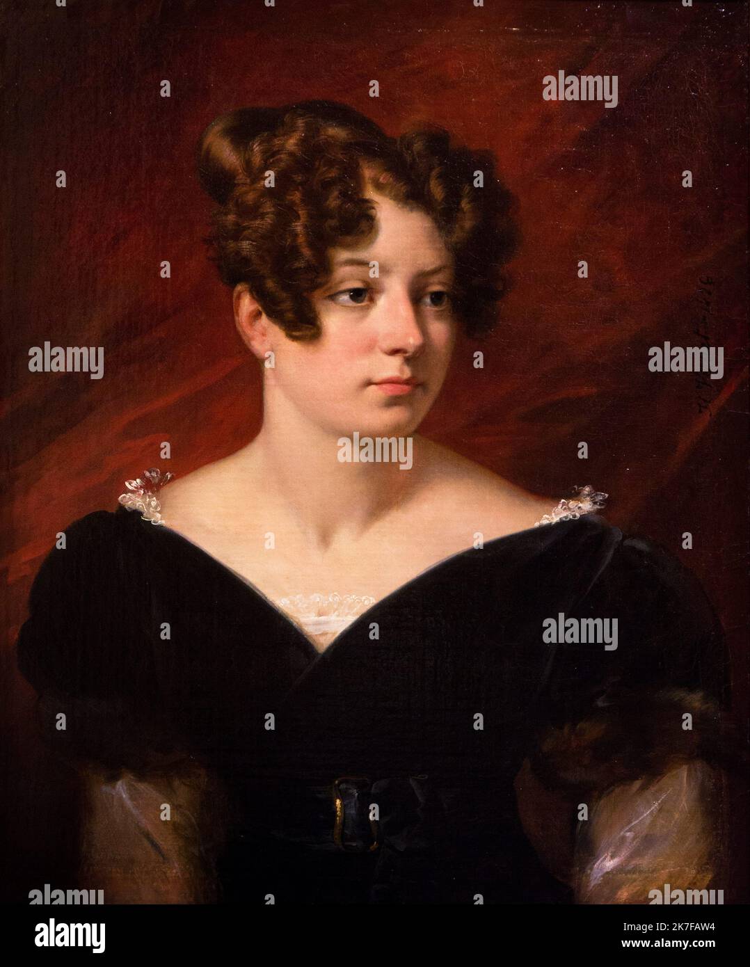 ©Active Museu/MAXPPP - ActiveMuseum 0005732.jpg / La Baronne de Forget (Josephine de Lavalette de Beauharnais) Filleule de l'Imperatrice des Francais et Cousine d'Eugene Delacroix 1826 - / Horace Vernet / Peinture Active Museum / Le Pictorium 1 Person ,Baronne der Vergessenheit ,Schwarz ,Drape ,Kleid ,Josephine de Beauharnais ,Porträt ,Profil 3/4 ,Roter Hintergrund ,Einfachheit ,Vertikal ,Frau ,19. Jahrhundert ,Horace Vernet ,Malerei , Stockfoto