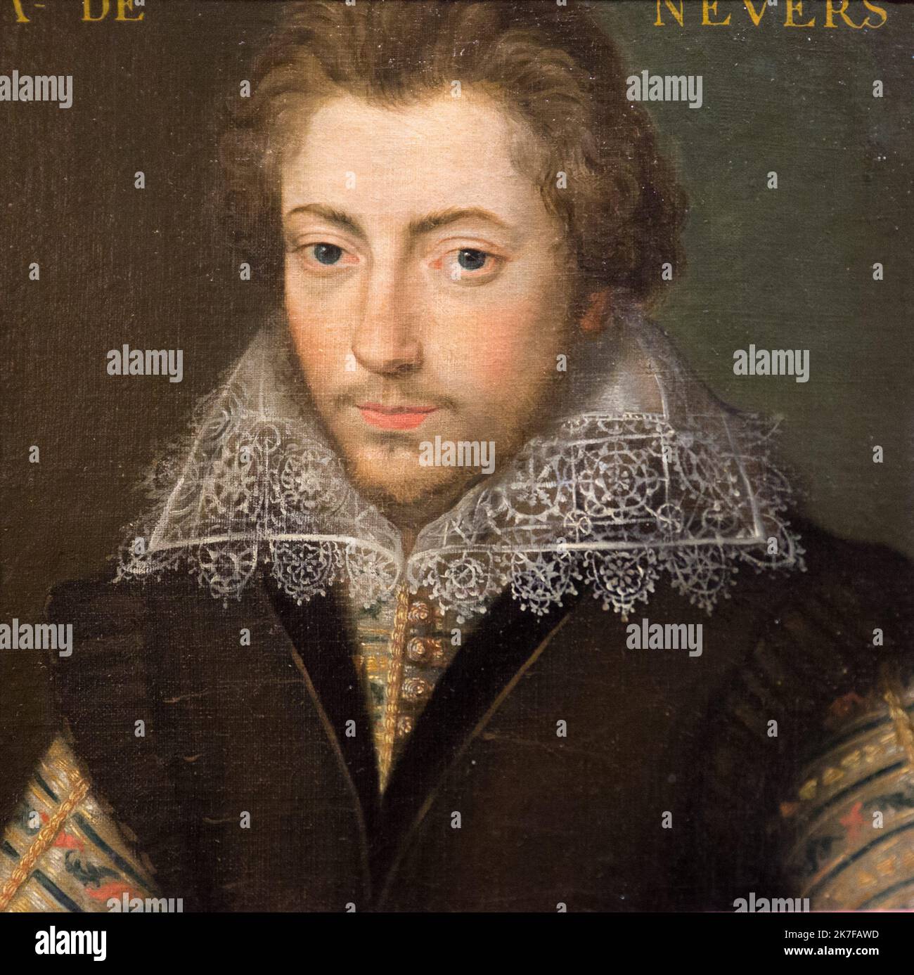 ©Active Museu/MAXPPP - ActiveMuseum 0005740.jpg / Monsieur de Nevers, Galerie de Portraits provenant du Chateau de Saint-Germain-Beaupre, illuste de celebres intellektuels et gens de la cour dans la Tradition humaniste apparpant a la cour d'Henri IV et de Louis XIII, Vers le 17eme siecle / Anonyme / Peinture Active Museum / Le Pictorium 1 Person, Kleidung, grauer Hintergrund, historischer Charakter, Geschichte, Spitze, Mann, Herr von Nevers, Outfit, Porträt, Pose, Quadrat, Schreiben, 17. Jahrhundert, Anonym, Malerei, Stockfoto