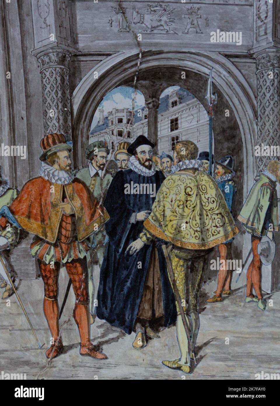 ©Active Museu/MAXPPP - ActiveMuseum 0005782.jpg / Polychrome de Francois Ier et de sa cour, Avec en arriere Plan le Chateau de Blois 1880 - / Ulysse Besnard / Faiencerie Active Museum / Le Pictorium Castle, Castle of Blois, Faience, Franz I. von Frankreich (), Wache, historischer Charakter, Geschichte, König von Frankreich, Königtum, Schutz, Soldat, Vertikal, Blois, Zentrum (französische Region) ,Europa ,Frankreich ,Loir et Cher ,Westeuropa ,19. Jahrhundert ,Ulysse Besnard ,Faiencerie , Stockfoto