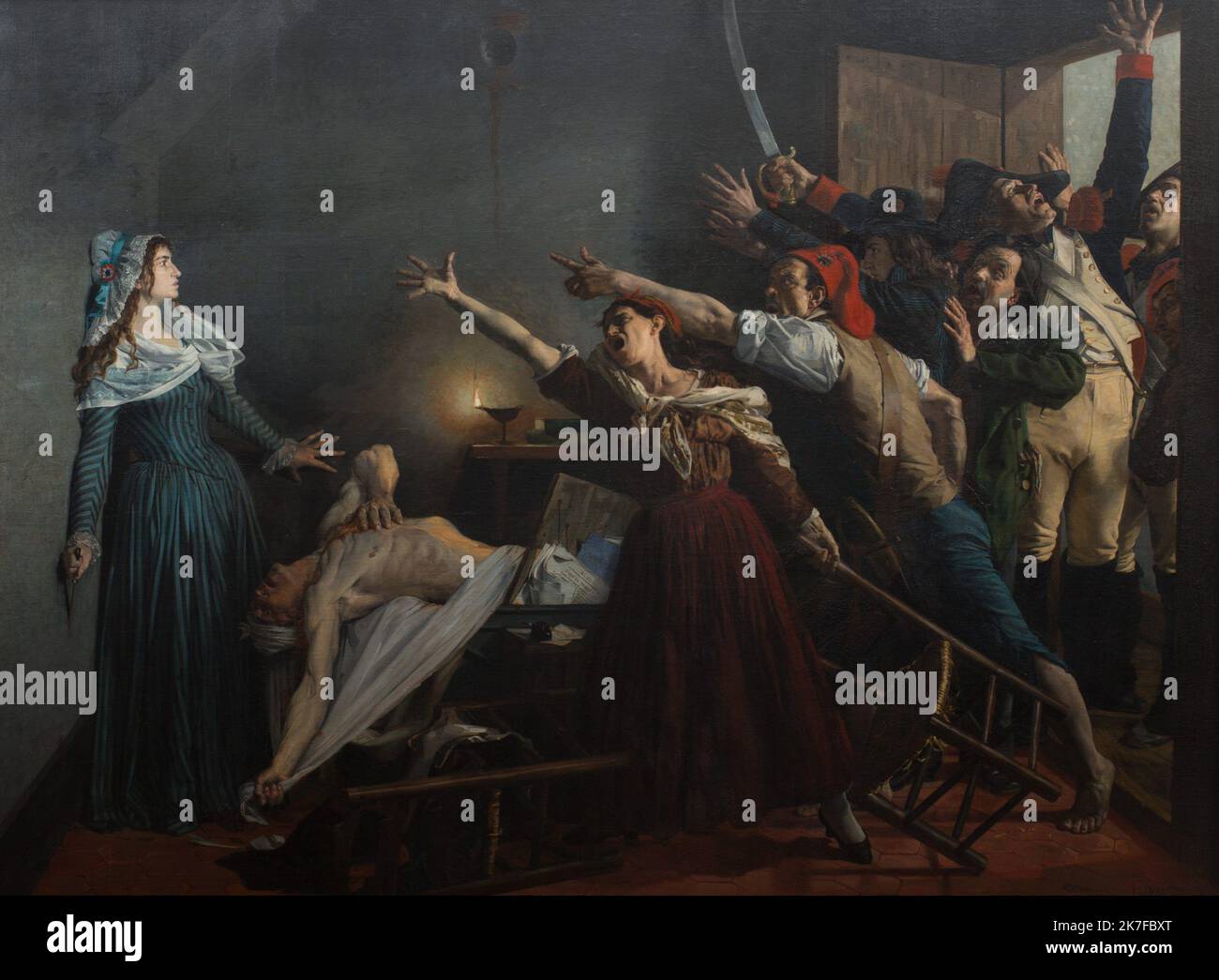 ©Active Museu/MAXPPP - ActiveMuseum 0005841.jpg / Marat Assassine 1880 - / Jean-Joseph Weerts / Peinture Active Museum / Le Pictorium Arms up, bicorne, tot, Gruppe, historischen Charakter, Horizontal, Militär, Mord, Offizier, Schwert, Waffen, Frau, 19. Jahrhundert, Jean-Joseph Weerts, Malerei, Stockfoto