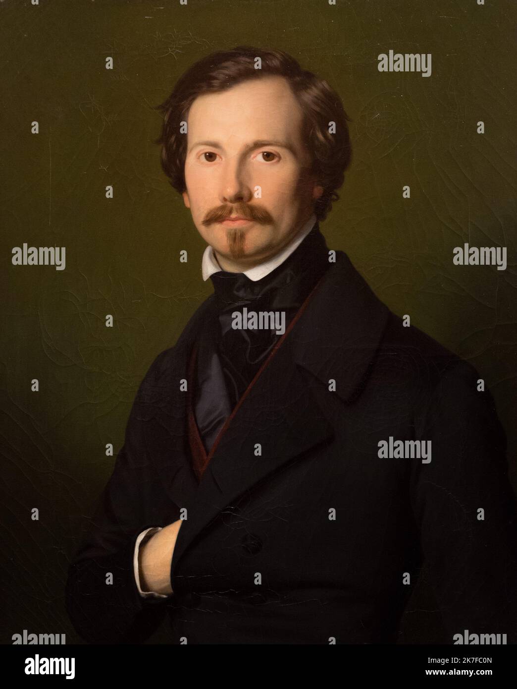 ©Active Museu/MAXPPP - ActiveMuseum 0005937.jpg / Portrait de Romain de Bourges, architecte du gouvernement, Charge du Canal de Briare 1846 - / Louis Hersent / Peinture Active Museum / Le Pictorium Direct Look, grüner Hintergrund, Hand auf dem Bauch, Mann von 20 bis 40 Jahren, Schnurrbart, historische Kostüme, Porträt, Schal, vertikal, Bourges, Zentrum (französische Region) ,Cher ,Europa ,Frankreich ,Val of Loire ,Westeuropa ,Romain de Bourges ,19. Jahrhundert ,Louis Hersent ,Malerei , Stockfoto