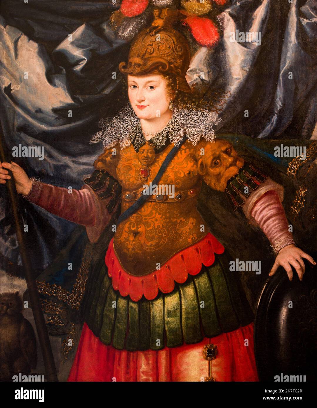 ©Active Museu/MAXPPP - ActiveMuseum 0005991.jpg / Portrait de femme en Minerve, la Presence de la chouette et des attibues militaires sont des Allusions a Minerve, Deesse de la sagesse et de l'Intelligence 1660 - / Anonyme / Peinture Active Museum / Le Pictorium Drape, Helm, Spitze, Minerva, Eule (), Speer, Vertikal, Frau, 17. Jahrhundert, Anonym, Malerei, Stockfoto