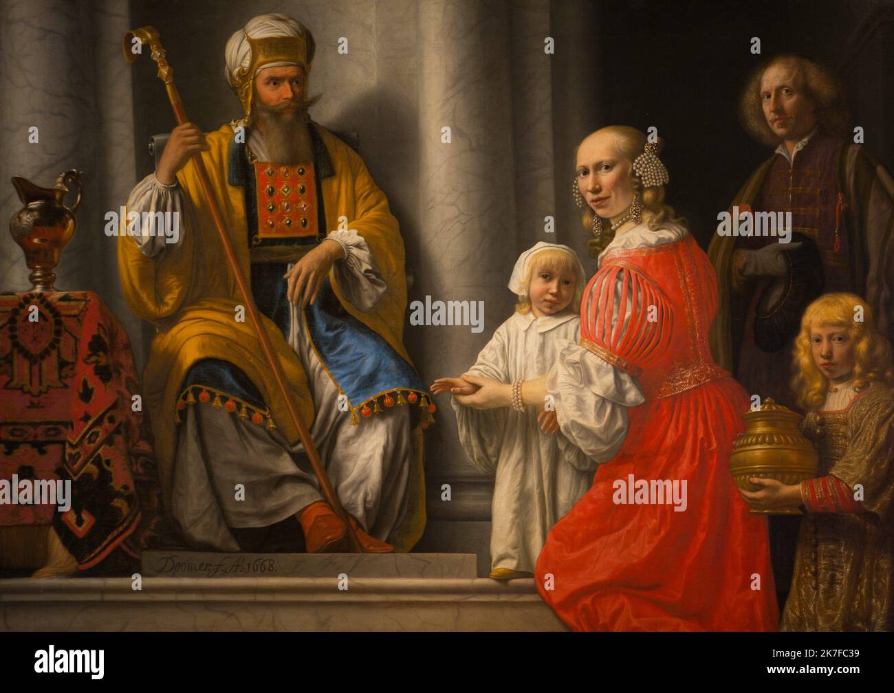 ©Active Museu/MAXPPP - ActiveMuseum 0006017.jpg / Anne presentant au pretre Heli son fils a Samuel, Portrait presume de la famille de Francois Wynants Van Beveste et d'Elida Essing 1668 - / Lambert Doomer / Peinture Active Museum / Le Pictorium Säule (Architektur), Horizontal, Männer, Mutter und Kind, Priester, Rotes Kleid, Tunika, Heli (Priester), 17. Jahrhundert, Lambert Doomer, Malerei, Stockfoto
