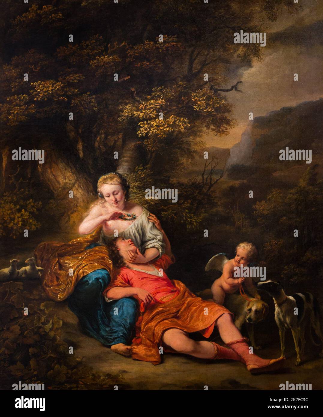 ©Active Museu/MAXPPP - ActiveMuseum 0006018.jpg / Venus et Adoni, inspire des Metamorphoses d'Ovide, evoque la Passion de Venus pour Adoni. Blesse mortellement lors d'une Chasse au sanglier, la deesse transforme le sang repandu du jeune heros en anemones et cree la fete des Adonies ou les femmes revivent la douleur d'Adonis 1660 - / Ferdinand Bol / Peinture Active Museum / Le Pictorium Adonis ,Cherub ,Forest ,Goddess ,Jagdhund ,in seinen Armen ,verletzt ,Mann liegend ,sitzende Frauen ,Venus ,Vertikal ,17. Jahrhundert ,Ferdinand Bol ,Malerei , Stockfoto