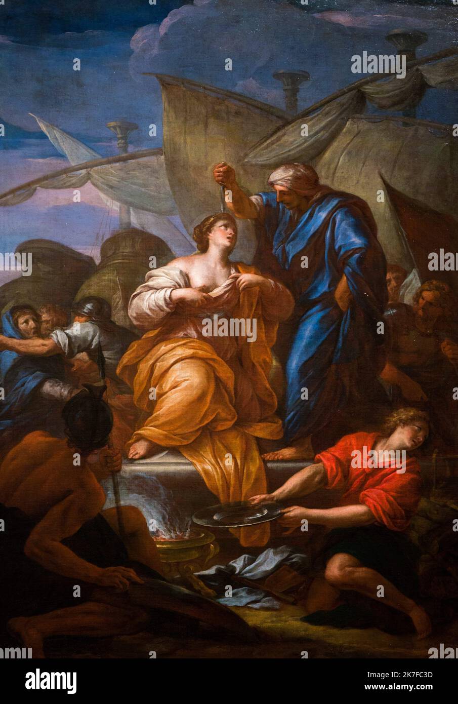 ©Active Museu/MAXPPP - ActiveMuseum 0006012.jpg / Le Sacrifice de Polyxene, s'inspire des metamorphoses d'Ovide, relate comment apres la pry de Troie, le fantome d'Achille demande le Sacrifice de Polyxene, fille de Pryam, (attribue a) Pierre-Jacques Cazes / Pierre-Jacques Cazes / Peinture Active Museum / Le Pictorium 20 bis 40 Jahre alte Frau, Achilles, blauer Hintergrund, wolkiger Himmel, Container, Menschenmenge, Männer, Polyxena, Opfer, Schiff, Soldat, Vertikal, Europa, Griechenland, Troy, Westeuropa, 17. Jahrhundert, Pierre-Jacques Cazes, Malerei, Stockfoto