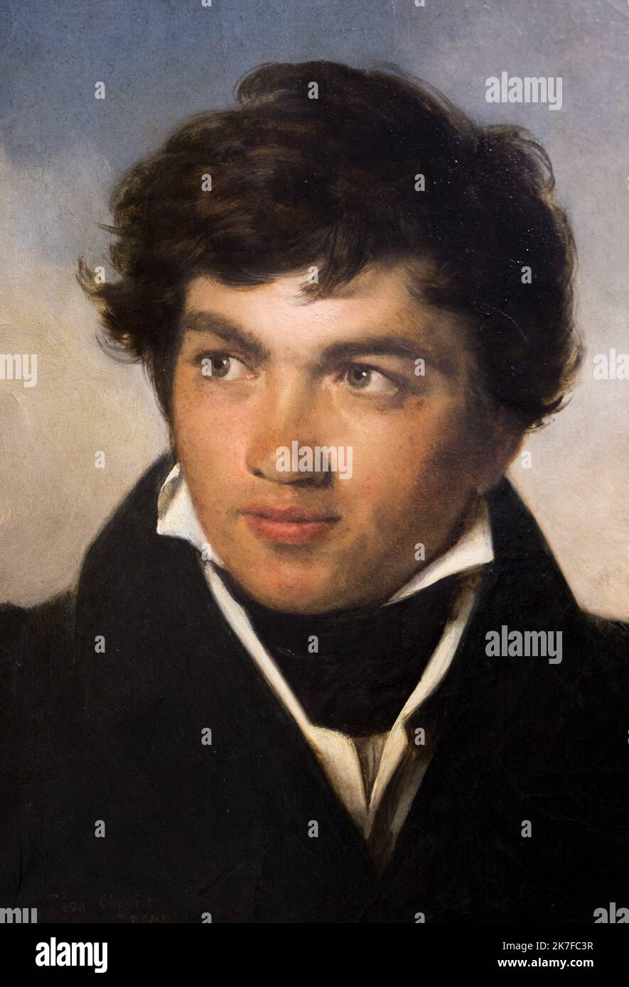 ©Active Museu/MAXPPP - ActiveMuseum 0006014.jpg / Portrait d'Achille-Etna Michallon (1796-1822), peintre de paysage 1819 - / Leon Cogniet / Peinture Active Museum / Le Pictorium Black Suit, blauer Hintergrund, Halbprofil, Indirekter Blick, Mann von 20 bis 40 Jahren, Portrait, Vertikal, Achille-Etna Michallon, 19. Jahrhundert, Leon Cogniet, Malerei, Stockfoto