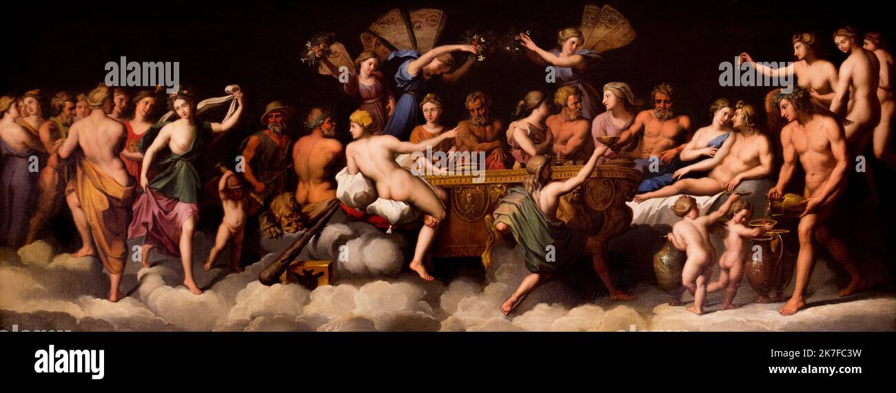 ©Active Museu/MAXPPP - ActiveMuseum 0006023.jpg / Les noces de Psyche dans l'Olympe d'Apres Rafaelo Sanzio dit Rafaelo, Reprise faites a Rome des fresques decorant le plafond de la Loggia de la Farnesina, Vers 1673-1675 - Noel Coypel 1675 - / Noel Coypel / Peinture Active Museum / Le Pictorium Alter gott, Engel, schwarzer Hintergrund, Cherub, Wolke, Fresko, Horizontal, Jar, Ehe, Männer, Naked man, Psyche (griechische Mythologie), Frauen, Zentralmakedonien, Europa, Griechenland, Olymp, Westeuropa, 17.. Jahrhundert, Noel Coypel, Malerei, Stockfoto