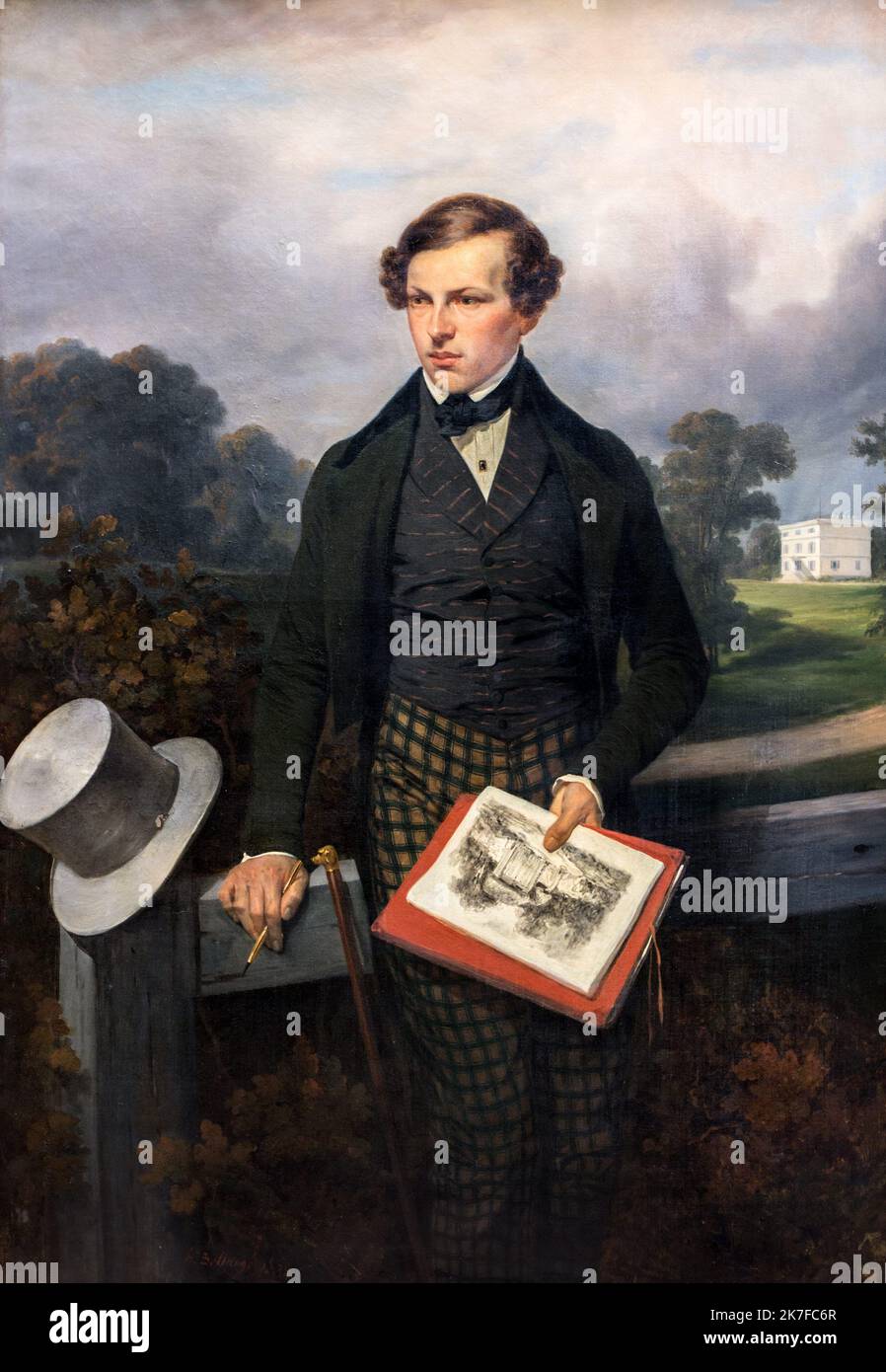 ©Active Museu/MAXPPP - ActiveMuseum 0006150.jpg / Portrait de Gustave Maupassant pere 1838 - / Hippolyte Bellange / Peinture Active Museum / Le Pictorium Close-Medium shot, wolkiger Himmel, Zeichnung, Zaun, Wald, Haus, indirekter Blick, Mann von 20 bis 40 Jahren, historische Kostüme, schlicht, Skizzenbuch, Hut (), Vertikal, Gustave Maupassant (Senior) ,19. Jahrhundert ,Hippolyte Bellange ,Malerei , Stockfoto