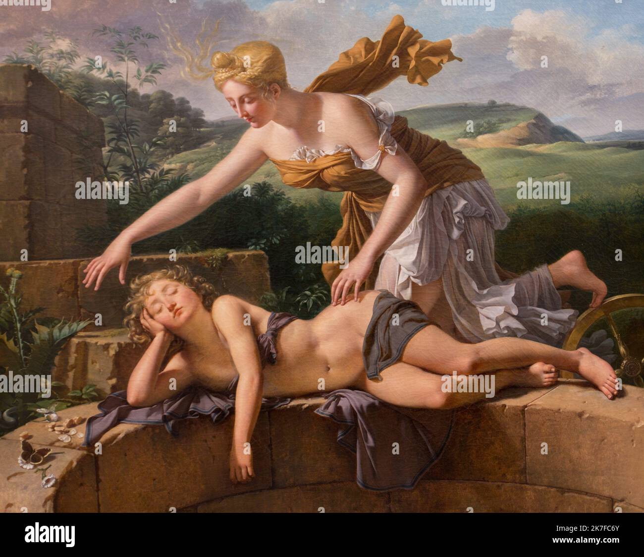 ©Active Museu/MAXPPP - ActiveMuseum 0006148.jpg / L'enfant et la Fortune / Pierre Bouillon / Peinture Active Museum / Le Pictorium schlafend, Kind, wolkiger Himmel, horizontal, kniende Frau, Lady Fortune (Lady Luck), liegend, orangefarbener Stoff, einfach, gut, Rad, weißes Kleid, 19.. Jahrhundert, Pierre Bouillon, Malerei, Stockfoto