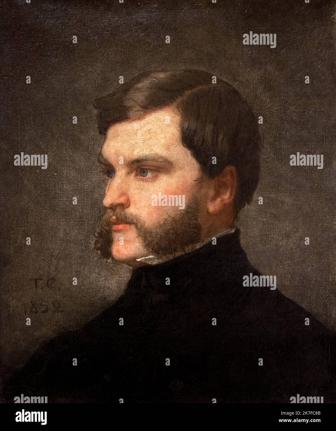 ©Active Museu/MAXPPP - ActiveMuseum 0006171.jpg / Portrait d'Amedee Berger, Avocat 1852 - / Thomas Couture / Peinture Active Museum / Le Pictorium Schwarzer Hintergrund, schwarzer Anzug, Kalligraphie, freundliche Hammelbart, indirekter Blick, Rechtsanwalt, Mann, Porträt, Stehkragen, Dreiviertel-Profil, Vertikal, Amedee Berger, 19.. Jahrhundert, Thomas Couture, Malerei, Stockfoto