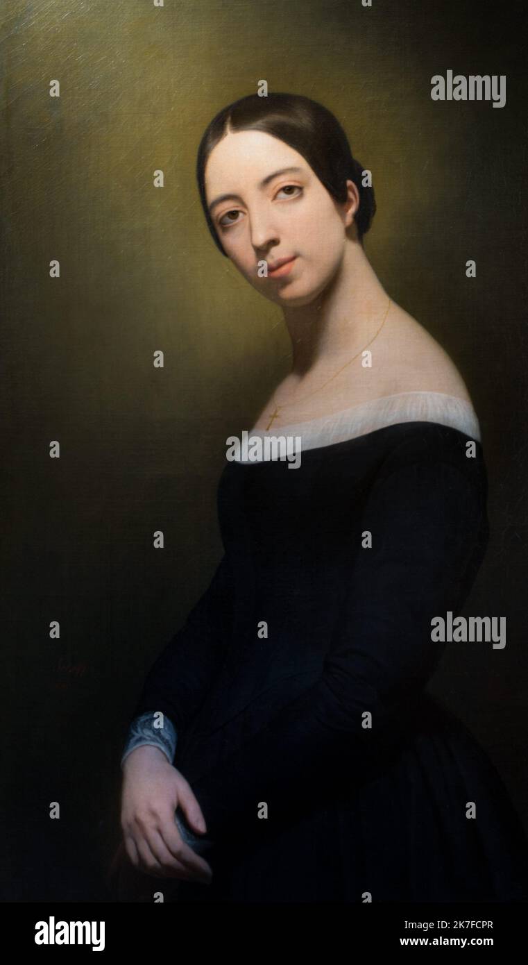 ©Active Museu/MAXPPP - ActiveMuseum 0006469.jpg / Pauline Viardot 1840 - / Ary Scheffer / Peinture Active Museum / Le Pictorium Schwarzes Kleid, Chignon (Brötchen), Porträt, Profil 3/4, religiöse Halskette, lächelnd (), Vertikal, mit gefalteten Händen, Frau, Pauline Viardot, 19. Jahrhundert, Ary Scheffer, Malerei, Stockfoto